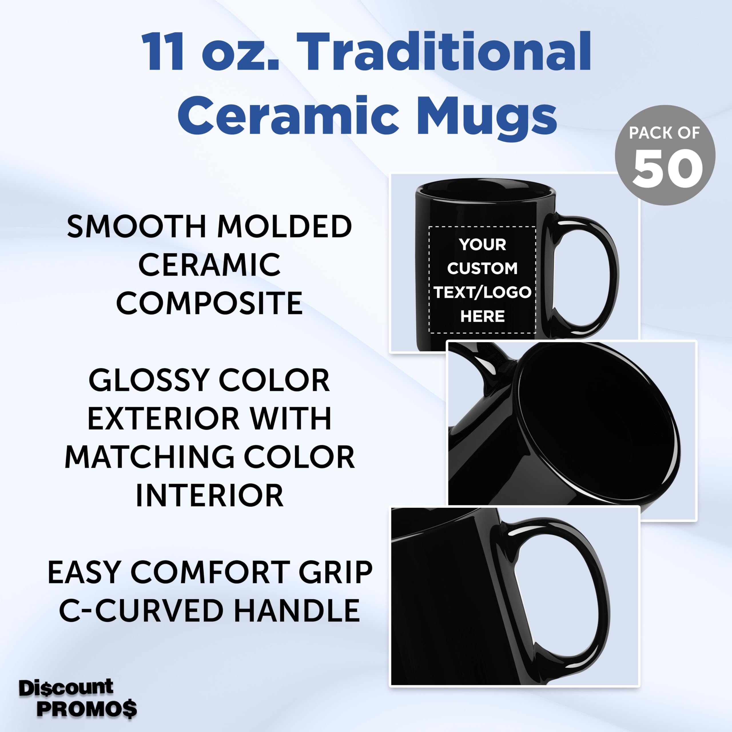 Custom 11 oz Ceramic Coffee Mugs Bulk Set of 50 - Personalized Black Coffee Cups for Hot & Iced Drinks, Gaming, Office Use - Durable Restaurant & Home Kitchen Drinkware