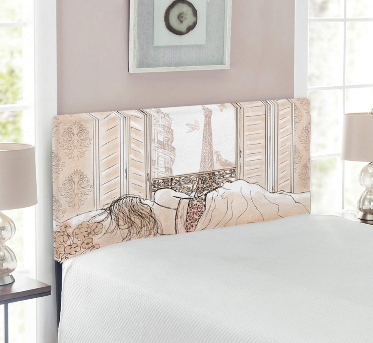Ambesonne Parisian Headboard - Upholstered Decorative Metal Bed Headboard with Memory Foam, Twin Size Cream - Romantic Eiffel Tower View Design - Perfect for Bedroom Decor & Paris-Themed Interiors