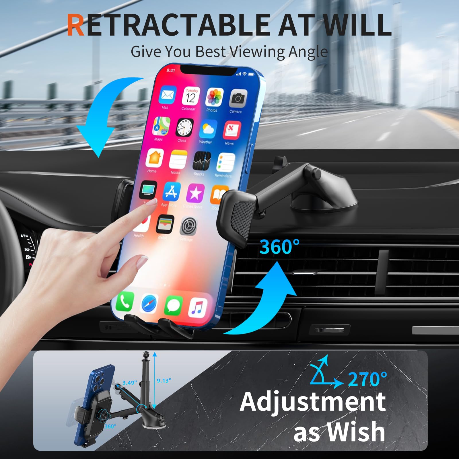 3-in-1 Car Phone Mount for iPhone & Smartphones - Windshield/Dashboard/Air Vent Holder for Safe Driving