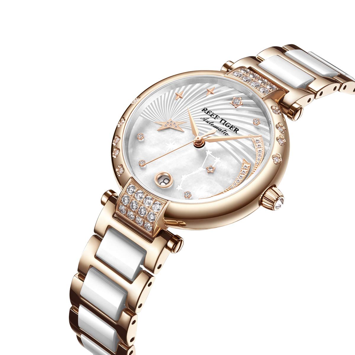 REEF TIGER Luxury Diamond Women's Watch - Automatic Movement, Shell Dial, Ceramic Band RGA1592 - Perfect for Formal Events, Business Meetings & Special Occasions