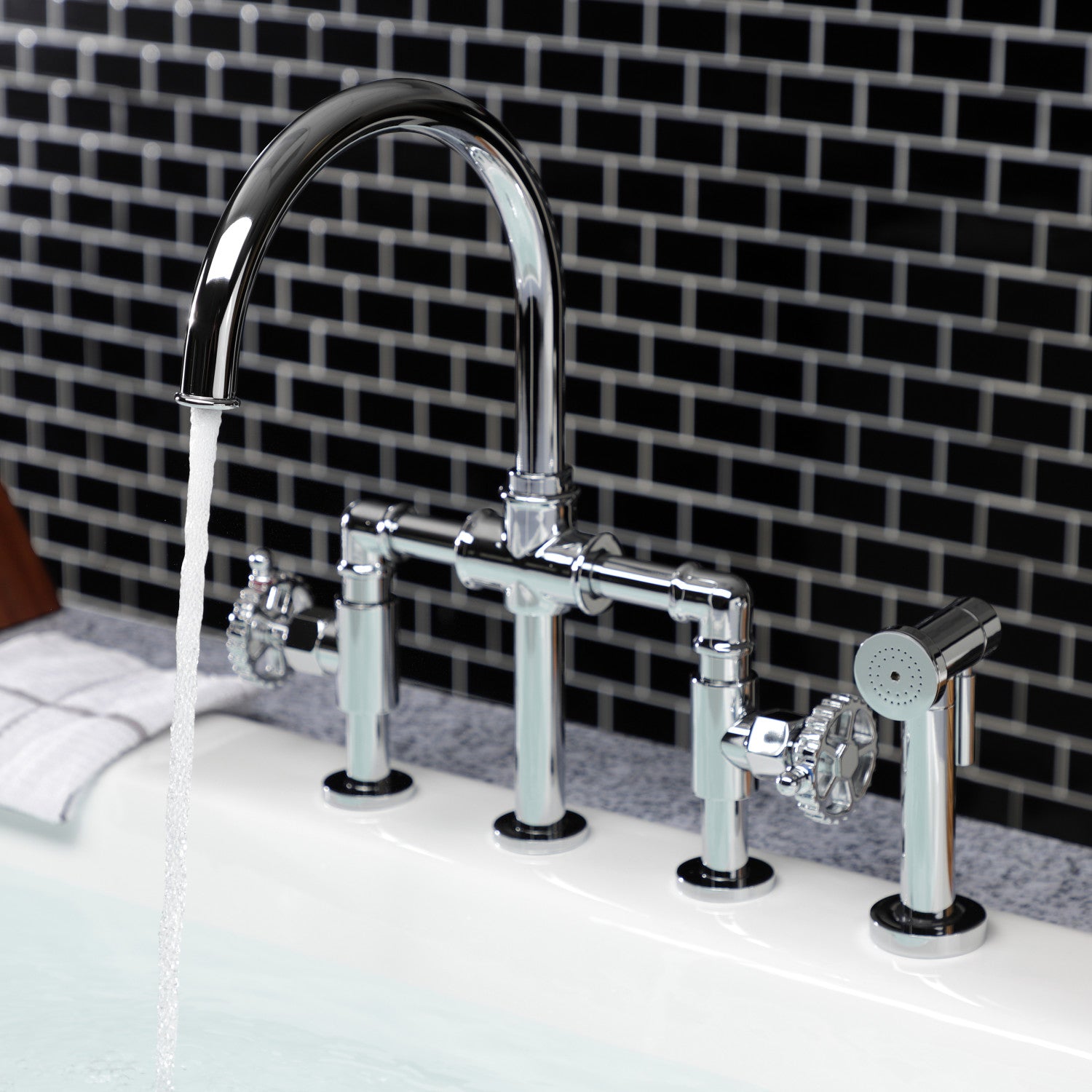 Industrial Style Two Handle 4-Hole Deck Mount Bridge Kitchen Faucet with Brass Side Sprayer - Perfect for Farmhouse, Commercial & Modern Kitchen Renovations