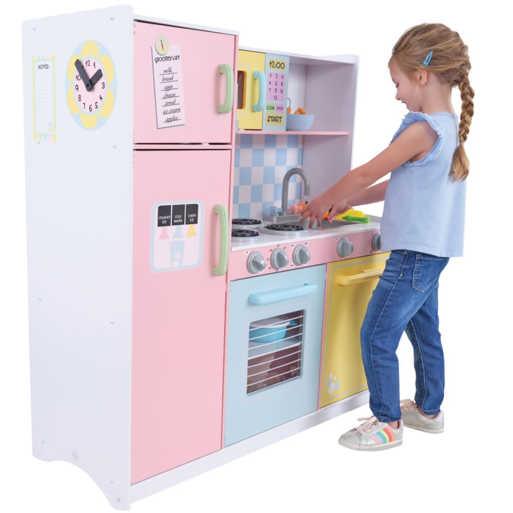 KidKraft Large Wooden Play Kitchen for Kids - Pastel Design with Turning Knobs, See-Through Doors & Play Phone - Pretend Cooking Toy for Ages 3+ - Perfect for Imaginative Play & Birthday Gifts