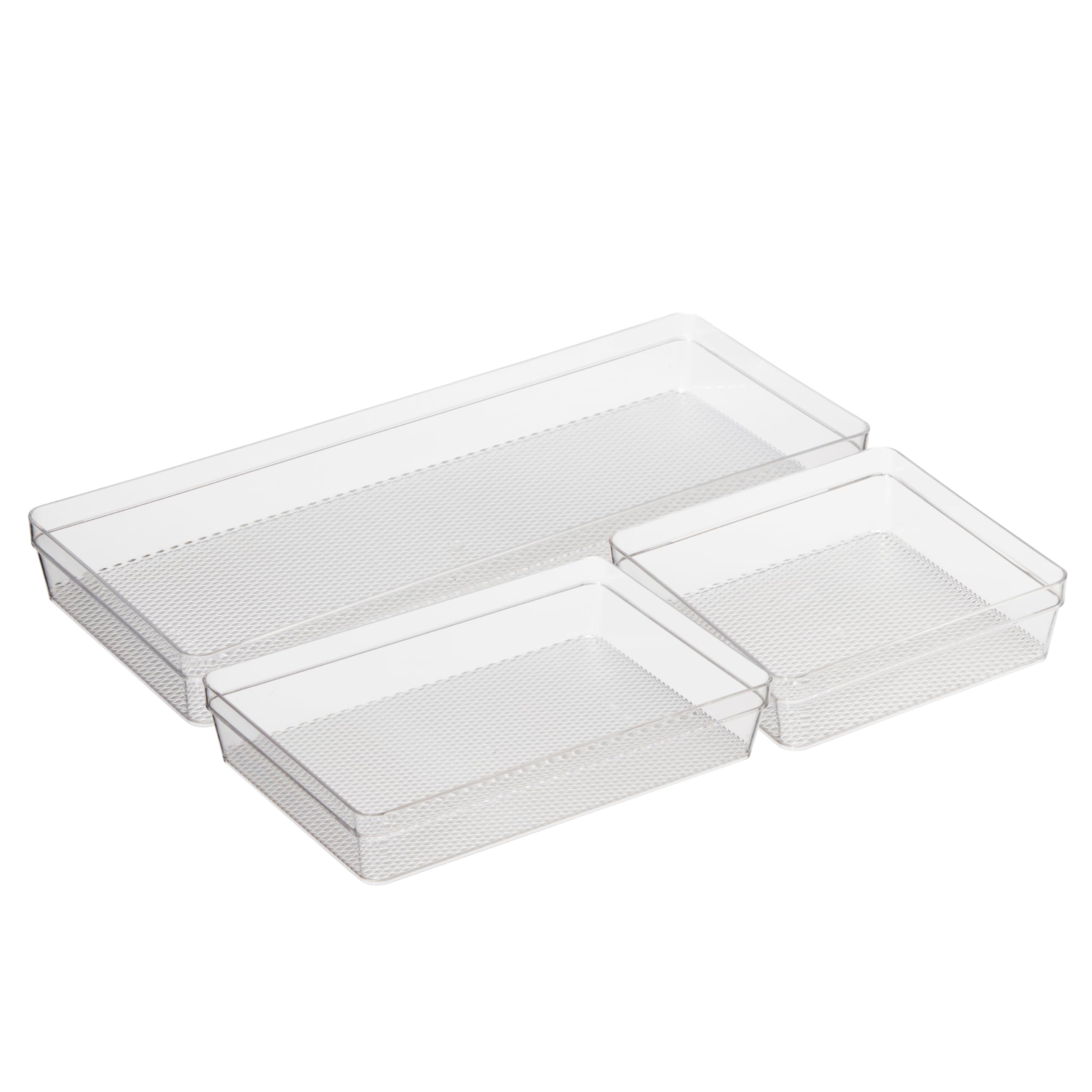 Oggi 3-Piece Clear Plastic Drawer Organizer Set - 6x6.25, 6.25x9.25 & 6.25x15.75 Inches - Kitchen Drawer Organizers for Utensils, Office Supplies, Makeup & Bathroom Storage - Perfect for Home, Office & Dorm Organization