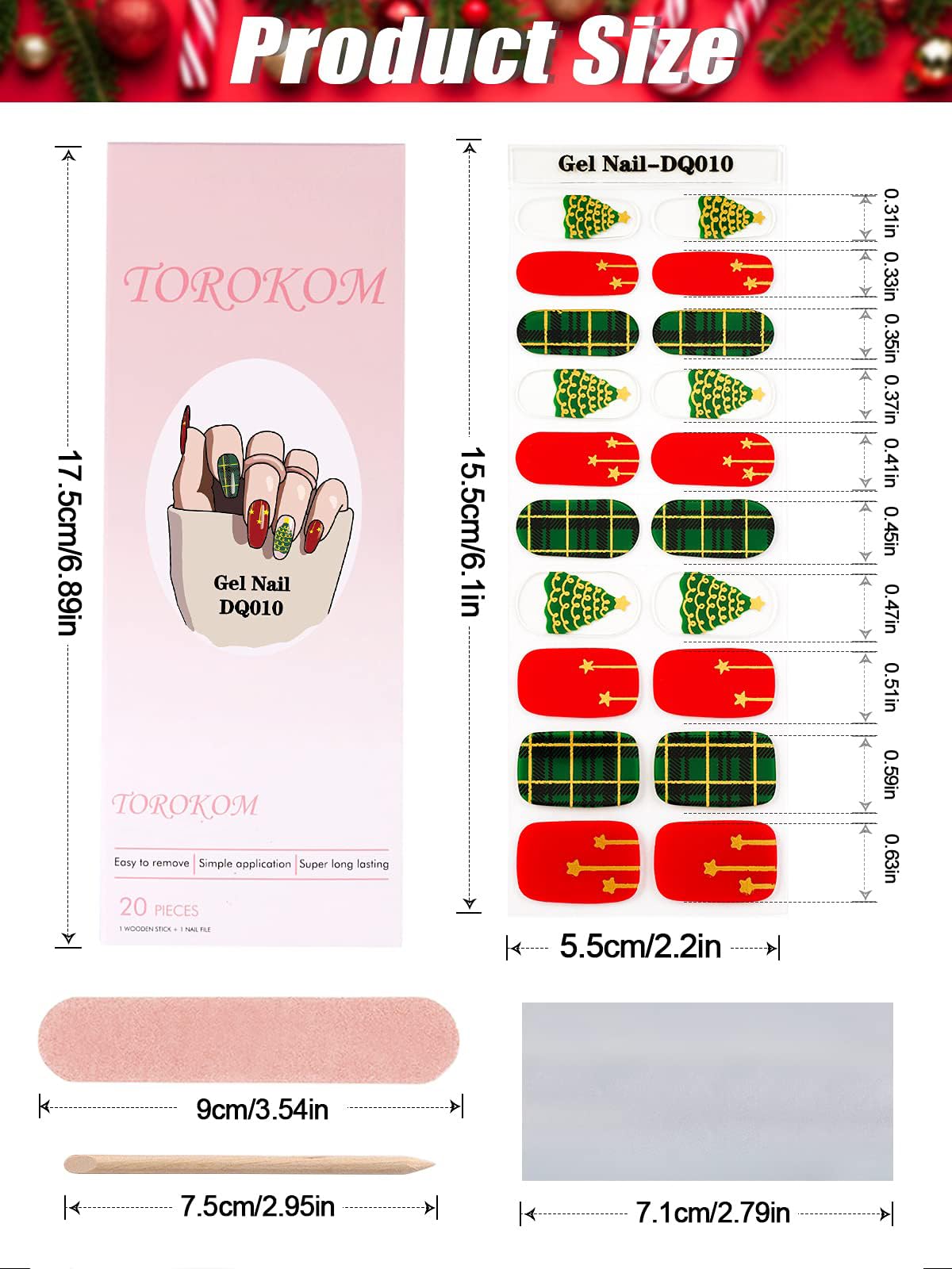 TOROKOM Christmas Gel Nail Polish Strips - 20PCS Holiday Nail Art Stickers with Xmas Tree Designs, Nail File & Stick for Women & Girls | Perfect for Christmas Parties, Gift Giving & Festive Nail Decorations