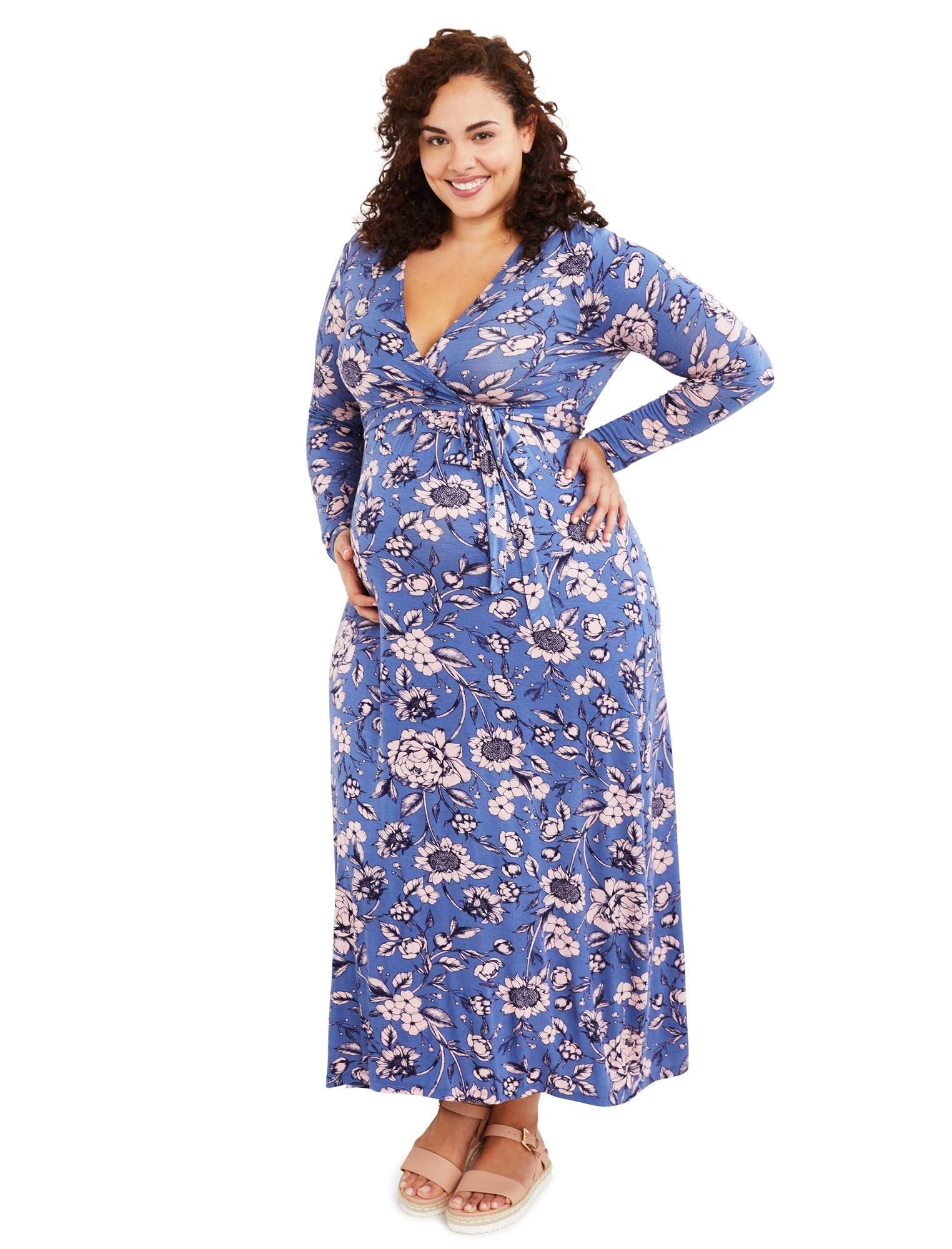 Plus Size Floral Wrap Long Sleeve Maxi Maternity Dress for Women - Comfortable Pregnancy Outfit for Baby Shower, Maternity Photos & Special Occasions