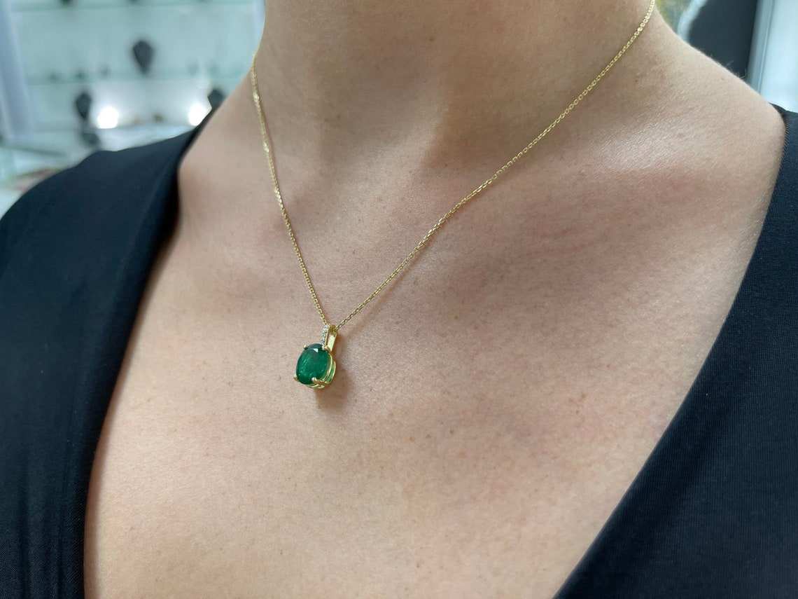 2.82tcw Natural Dark Green Oval Cut Emerald & Diamond Pendant in 18K Gold - Elegant Jewelry Gift for Women, Perfect for Weddings, Anniversaries & Special Occasions