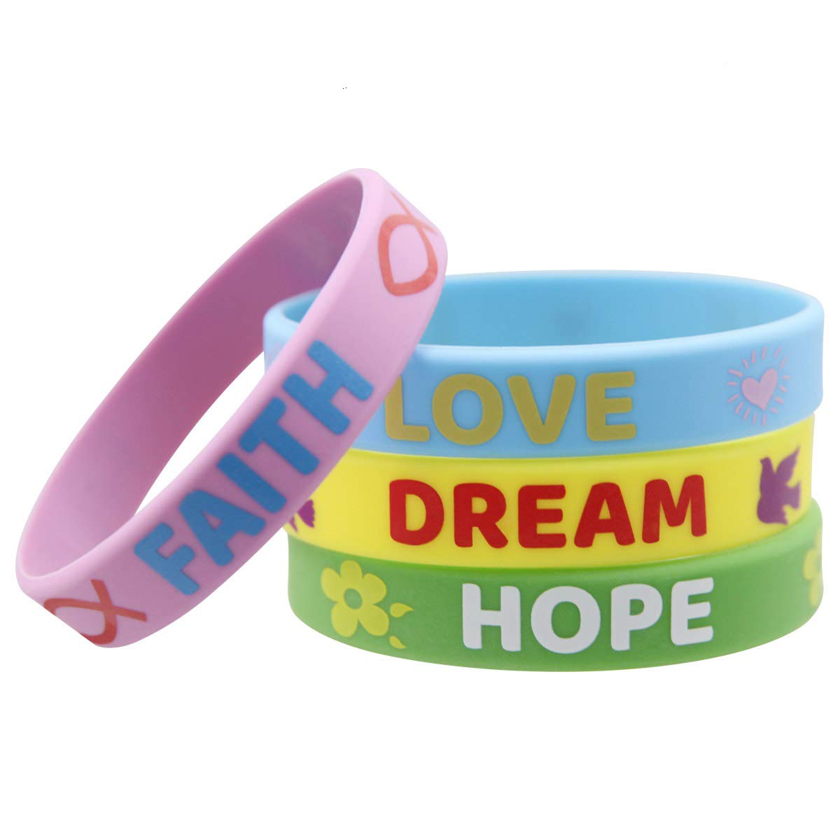 24 Inspirational Rubber Bracelets for Kids - Motivational Sayings (Faith, Hope, Love, Dream) - Easter Wristbands for Girls & Boys - Perfect for Easter Gifts, Party Favors & Sunday School Rewards