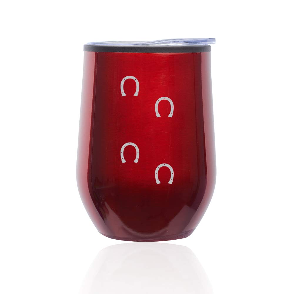 Stemless Wine Glass Tumbler with Lid - Insulated Coffee Travel Mug, Horse Shoe Tracks Design (Red) - Perfect for Outdoor Picnics, Camping & Home Entertaining