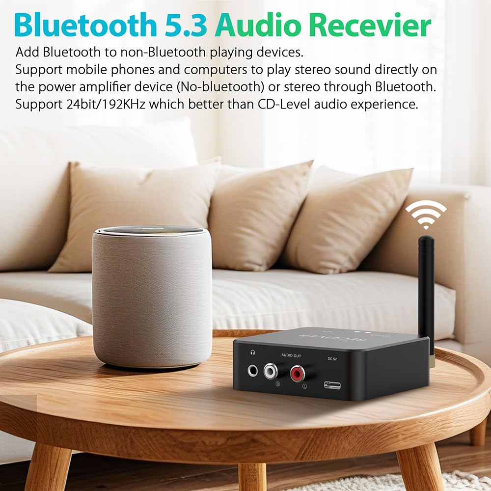 5.8GHz & 5.2GHz Dual-Band Wireless Audio Transmitter and Receiver Kit for TV/PC - 160ft Long Range, 0.018s Low Latency, Built-in Bluetooth 5.3, RCA (3.5mm) Input/Output - Perfect for Home Theater, Gaming, and Wireless Audio Streaming