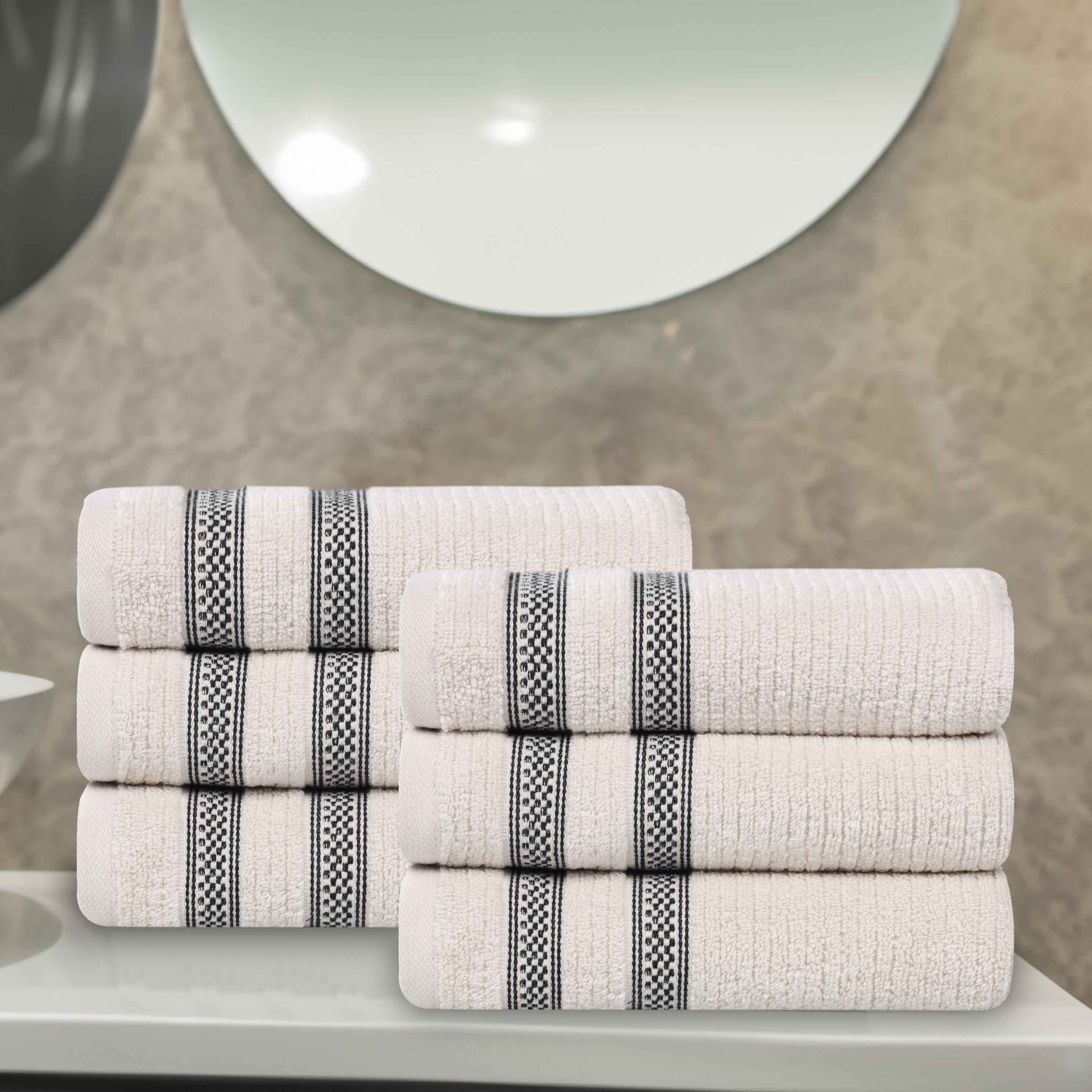 Premium Zero Twist Cotton Ribbed Geometric Border Plush Hand Towel Set of 6 - Ultra Soft & Absorbent Bathroom Towels for Guest Bath, Kitchen, Spa, and Luxury Home Decor