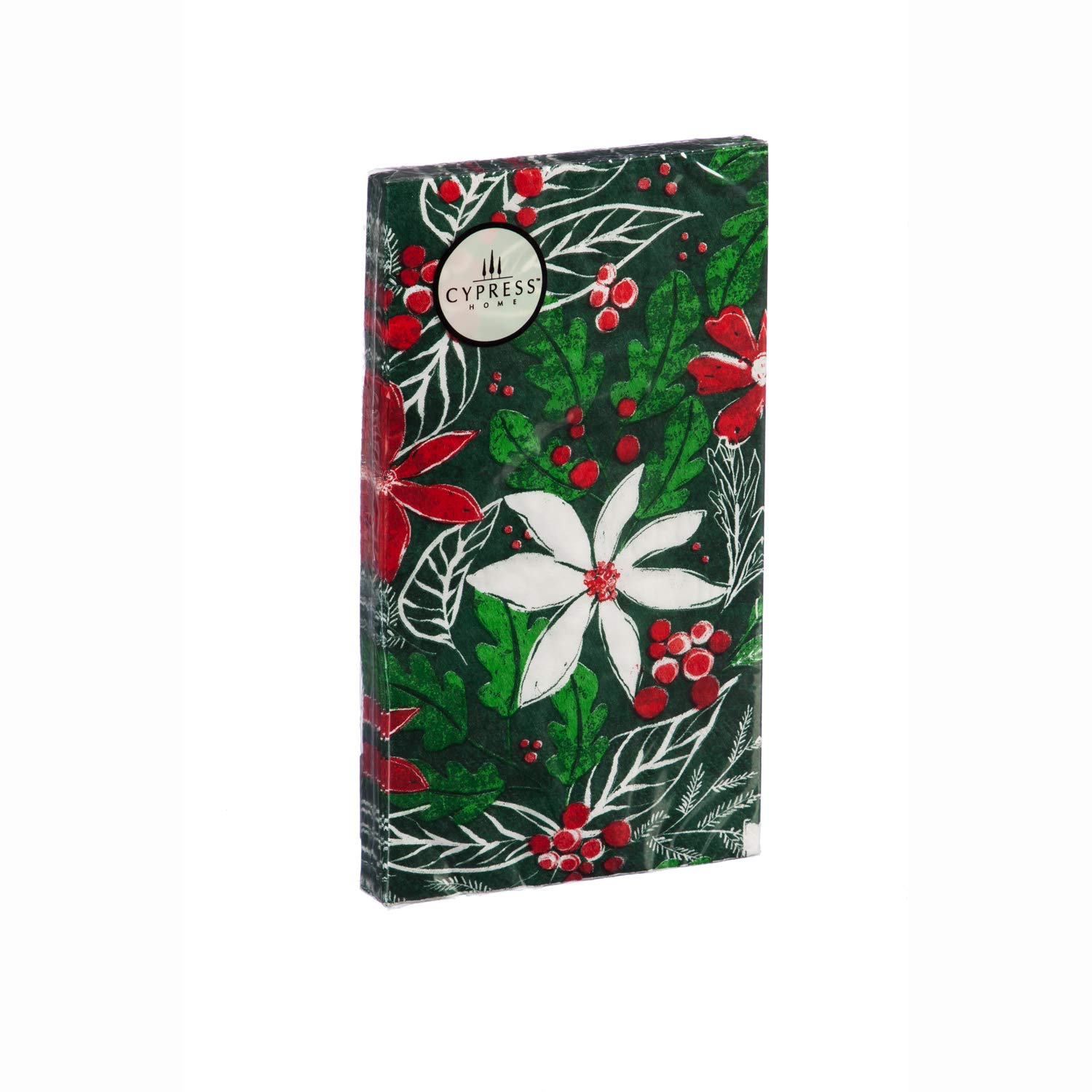 Cypress Home Green Holly Pattern Metallic Paper Guest Towels - 15 Count | Elegant Holiday Napkins for Christmas Parties, Dinner Table Decor & Hostess Gifts