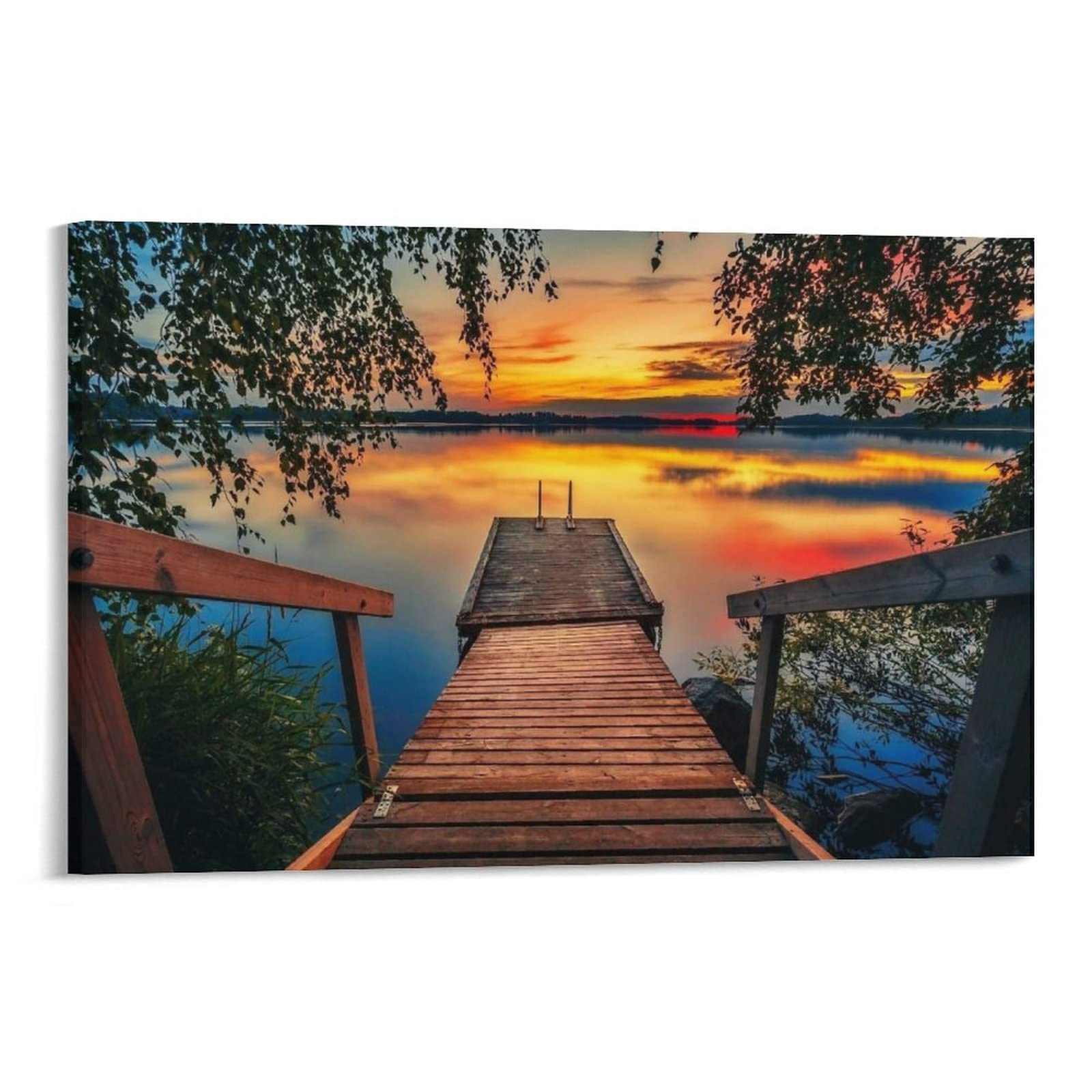 Red Maple Sunrise Lake Scenery Canvas Wall Art - Lighted Candles Painting, Modern Home Decor Poster (24x36 inch / 60x90cm) Framed or Unframed - Perfect for Living Room, Bedroom & Office Aesthetic