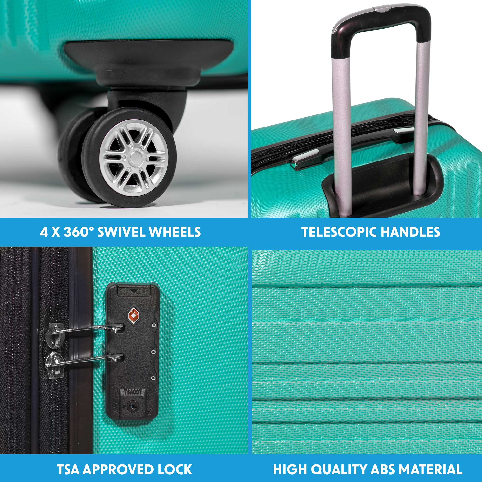 3-Piece Lightweight ABS Luggage Set with TSA Lock - Teal DL126 - Perfect for Travel, Business Trips & Vacations