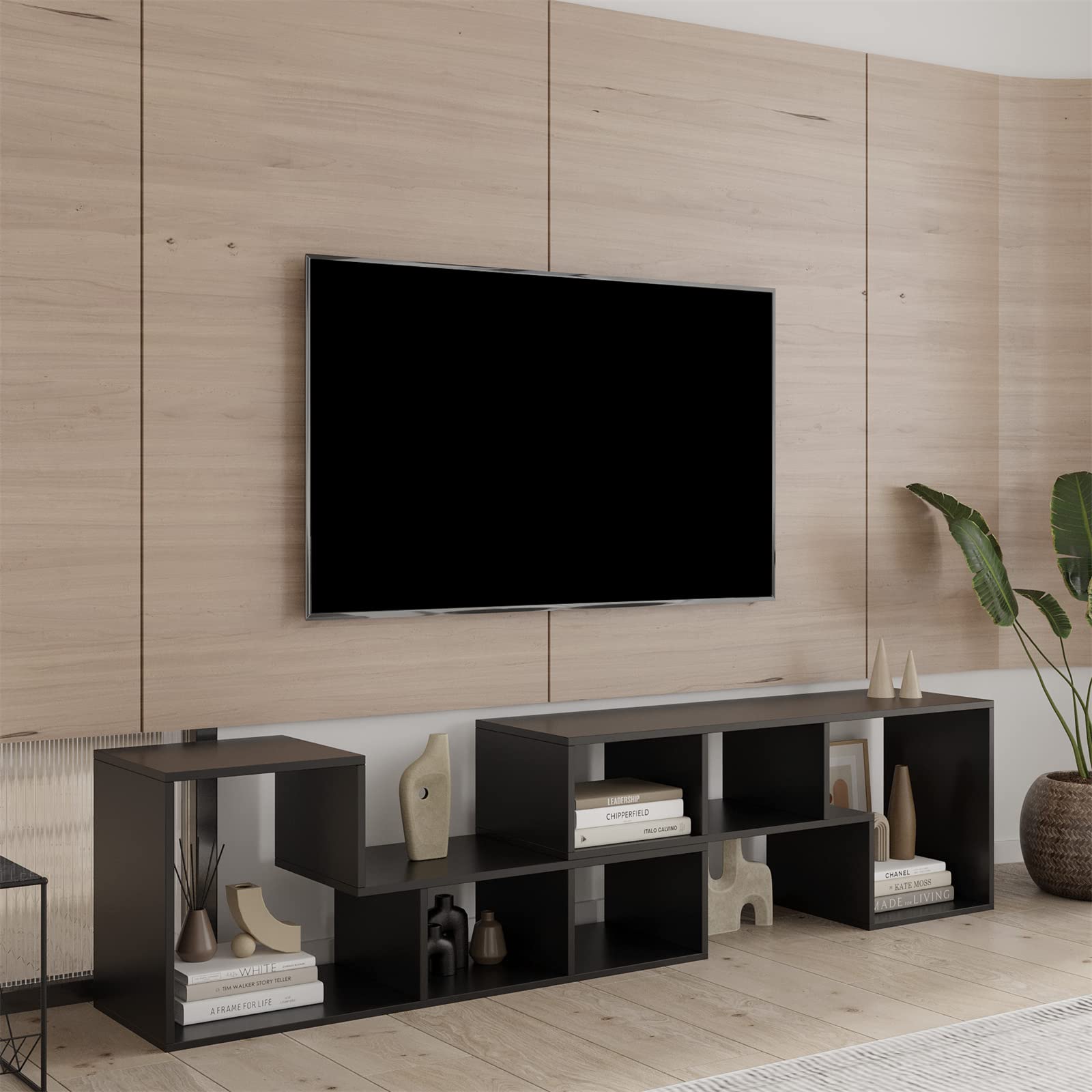 Modern Wood TV Stand with Storage Shelves - Black Entertainment Center for Flat Screen TVs | Free Combination Display Shelf & Bookcase | Perfect for Living Room Home Theater Setup