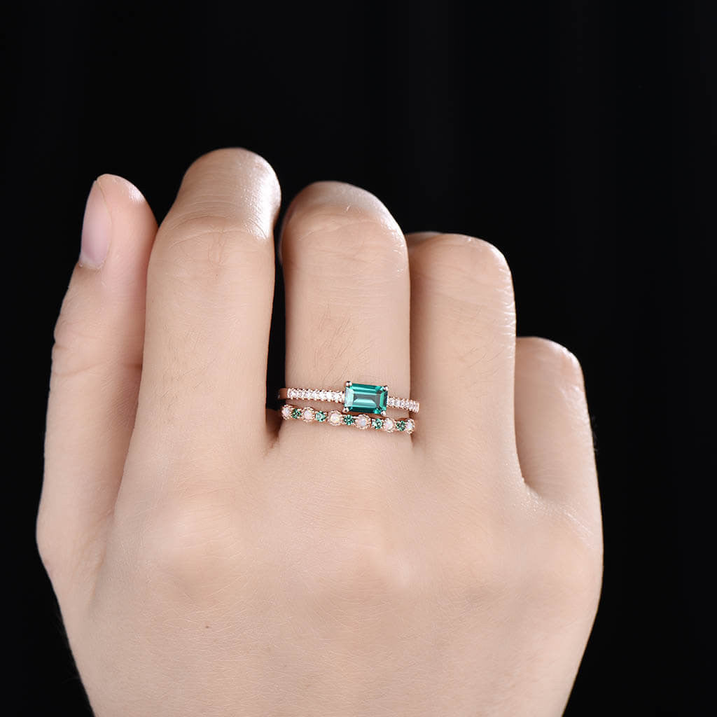 East To West Emerald Diamond Engagement Ring - Baguette Cut Rose Gold Wedding Opal Set for Bridal, Anniversary & Special Occasions