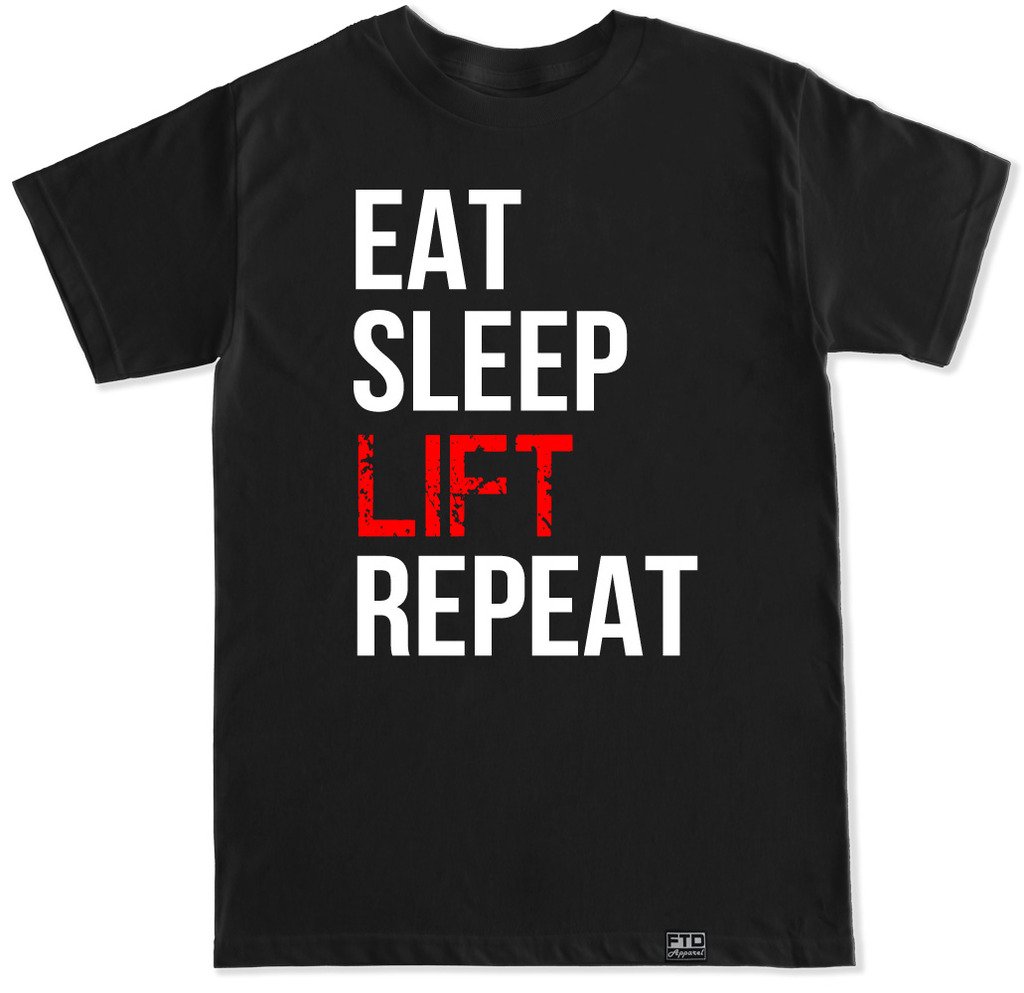 FTD Apparel Men's Gym Workout T-Shirt - Eat Sleep Lift Repeat Motivational Fitness Tee for Bodybuilding & Weightlifting Training