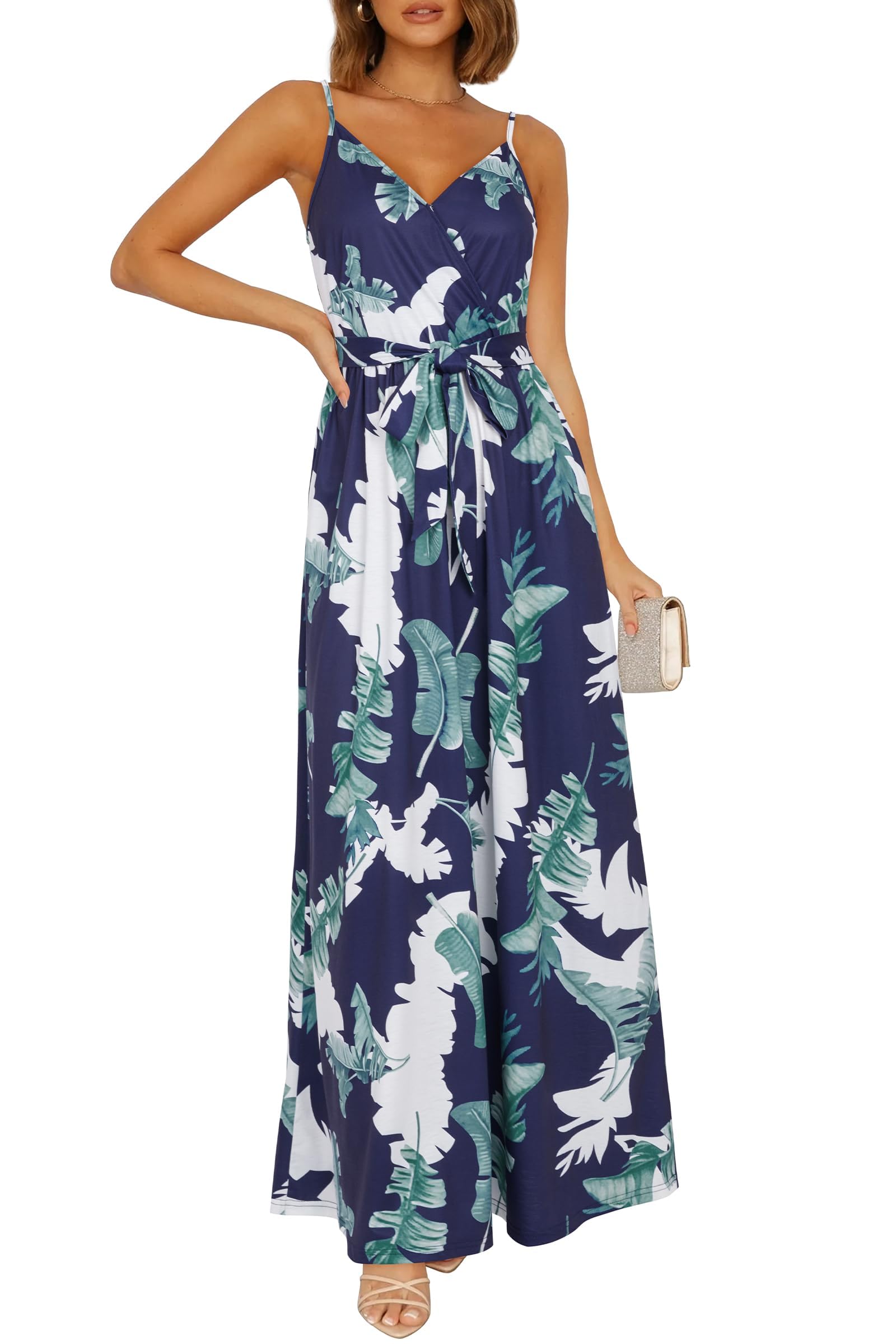 OUGES Women's Floral Maxi Dress - V Neck, Adjustable Spaghetti Strap Summer Beach Dress with Pockets | Perfect for Vacations, Pool Parties & Casual Outings