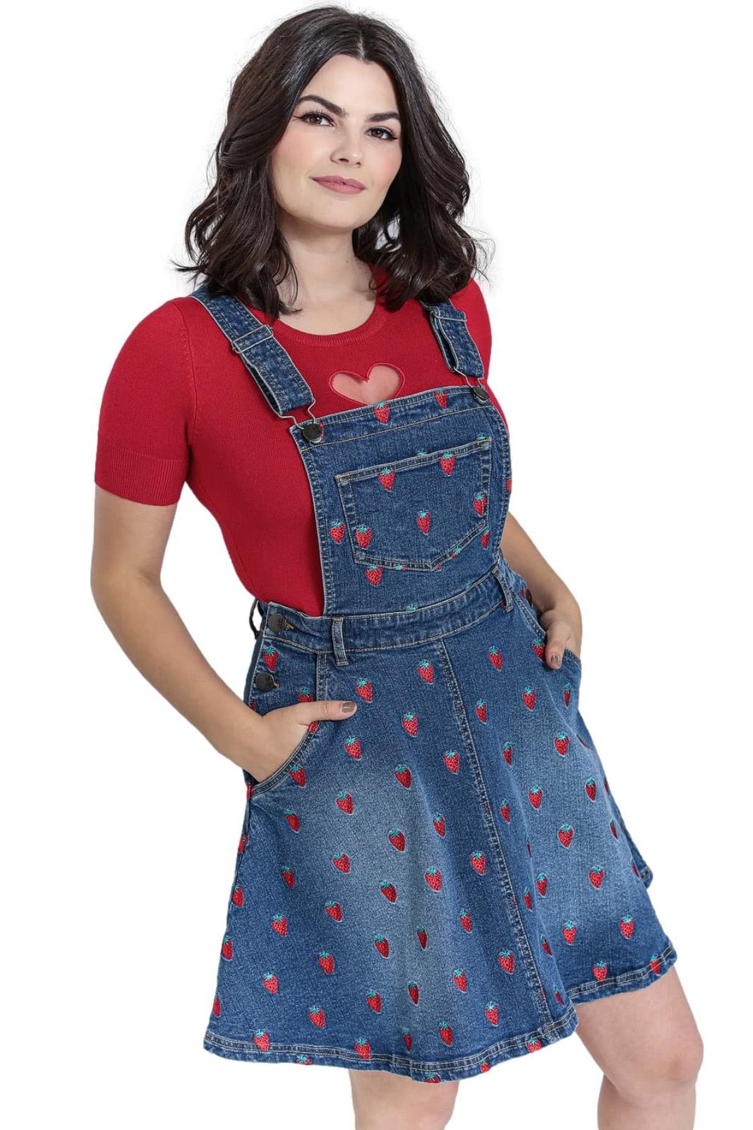 Hell Bunny Strawberry Print Denim Pinafore Mini Dress - 50s Retro Vintage Style for Women - Perfect for Casual Outings, Vintage Themed Parties & Retro Fashion Lovers