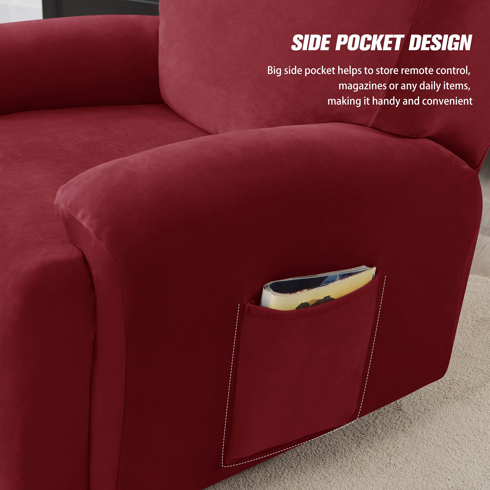 4-Piece Stretch Velvet Recliner Cover with Side Pockets - Anti-Slip Furniture Protector for Reclining Sofa & Chair - Perfect for Living Room, Home Theater & Family Room Comfort