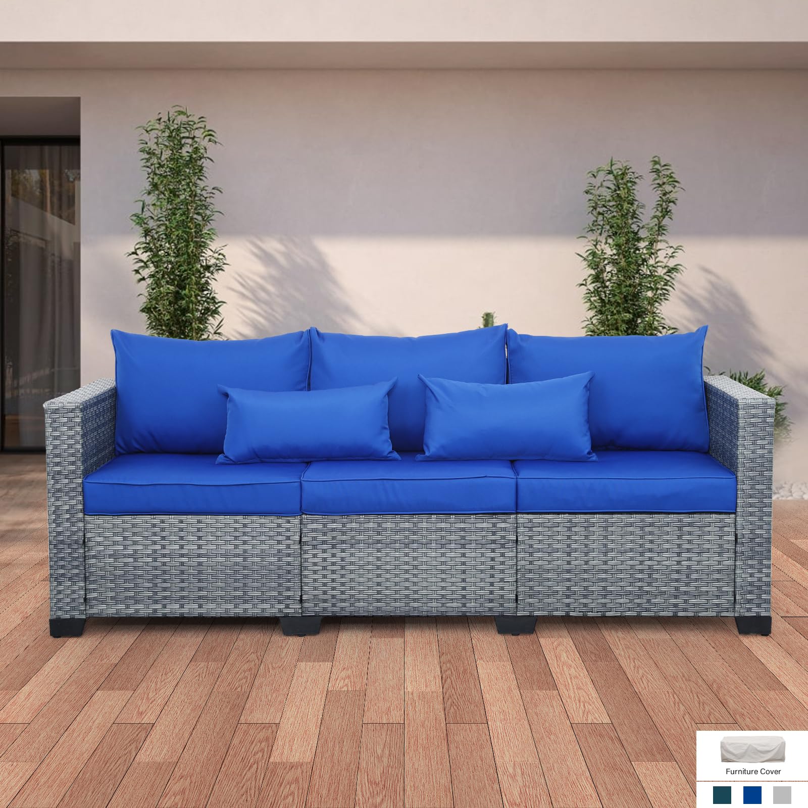 Outdoor Patio Furniture Set - Grey Wicker Sofa with Deep Seat & High Backrest, Waterproof Cover & Anti-Slip Cushions (Royal Blue) - Perfect for Garden, Poolside & Backyard Relaxation