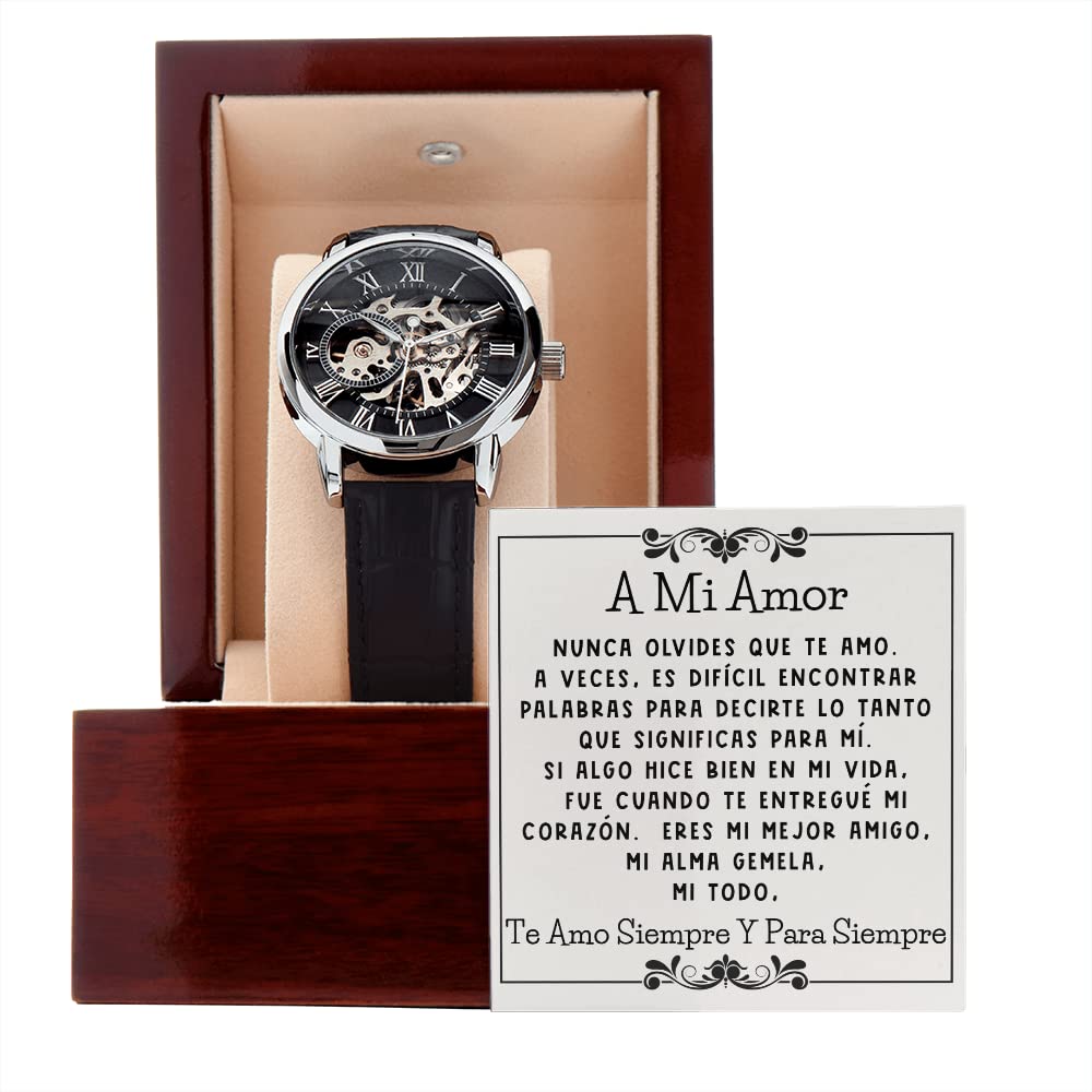 Automatic Skeleton Watch for Men - Romantic 'A Mi Amor' Spanish Gift for Him - Perfect Father's Day Present - Stylish Mechanical Watch for Daily Wear & Special Occasions