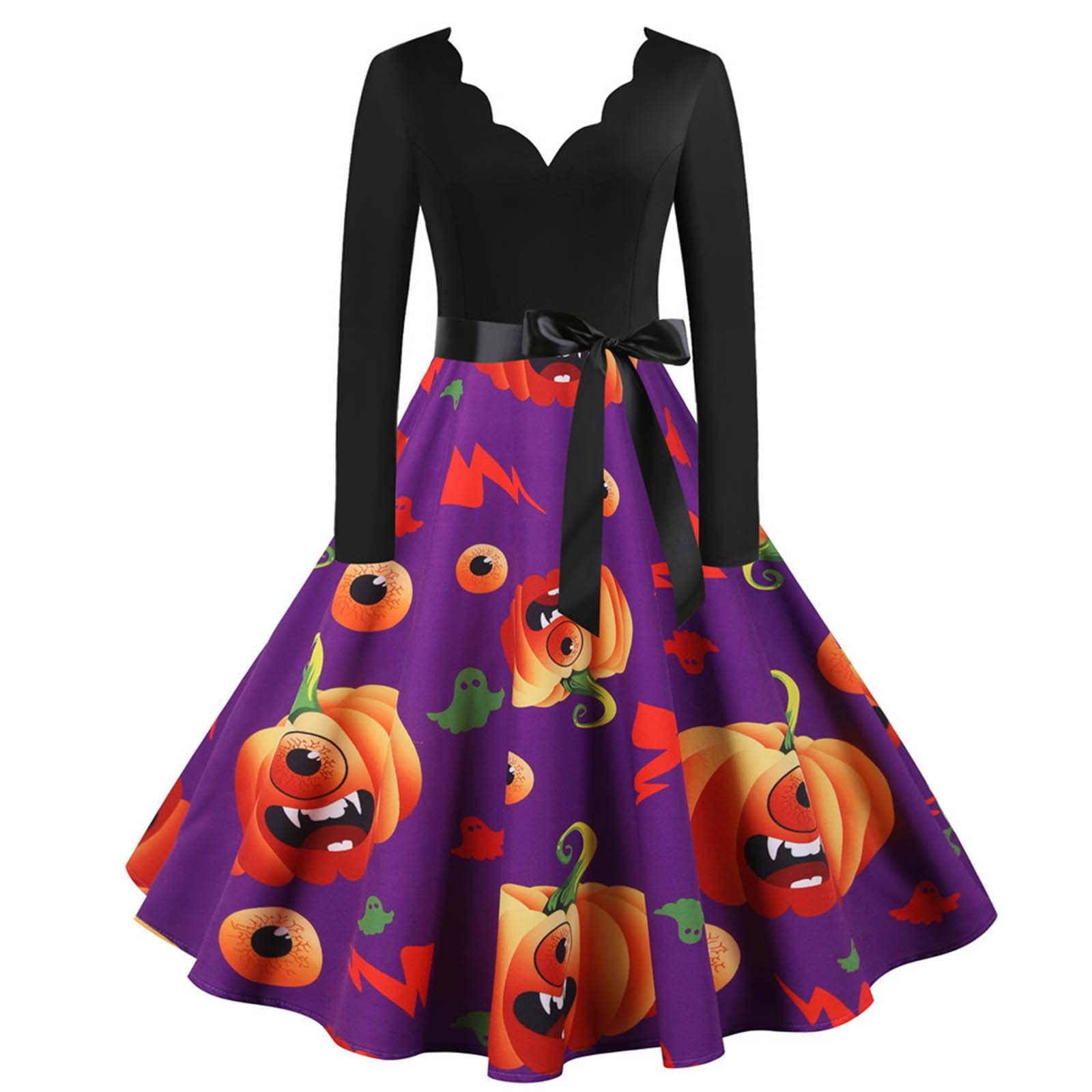 Vintage Floral Print Mini Dress for Women - Long Sleeve V-Neck Swing Dress - Halloween Party, Evening Cocktail, Date Night Outfit - Small Size Casual & Formal Occasion Wear