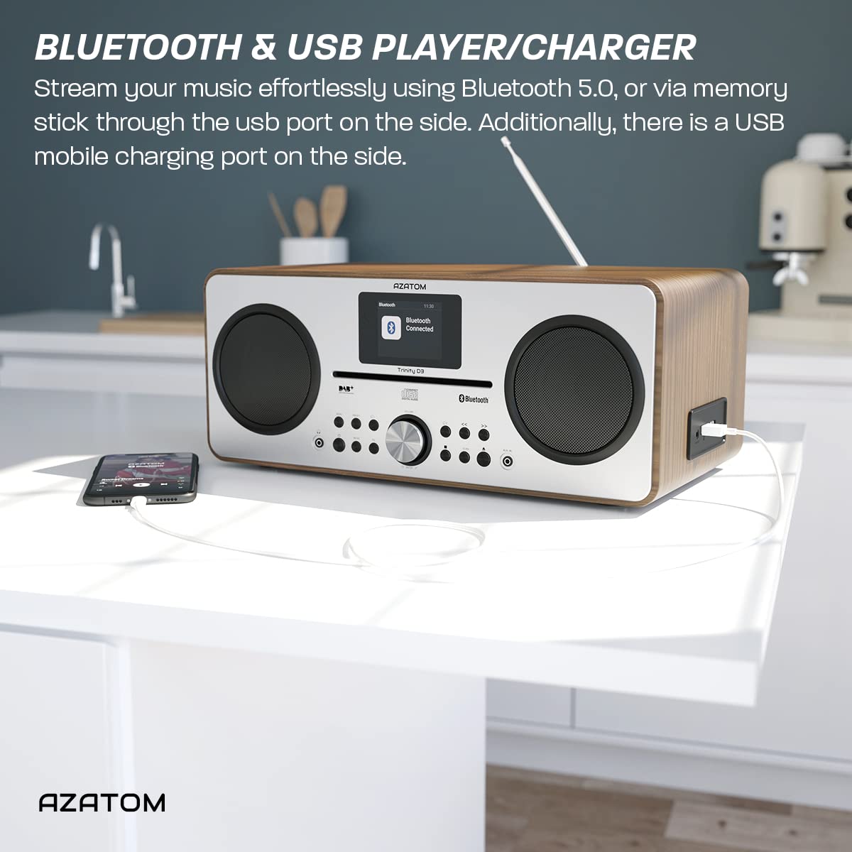 AZATOM Trinity Walnut DAB/DAB+ Digital FM Radio with CD Player & Bluetooth Speaker System | USB MP3 Playback, Charging Port, Alarm Clock, Equalizer & Remote | Hi-Fi Sound for Home, Office & Outdoor Use