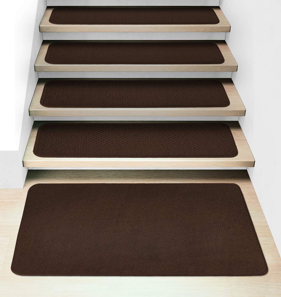 15-Piece Attachable Carpet Stair Treads Set with Matching Landing Rug - Non-Slip Chocolate Brown Staircase Cover for Home Safety & Decor - Perfect for Stairs, Hallways, and Entryways
