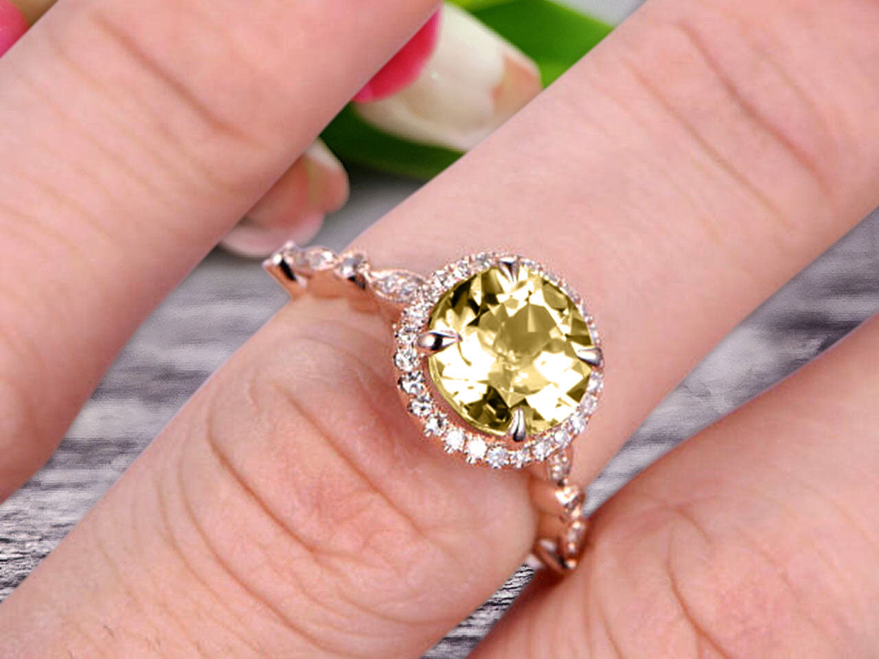 1.50 Carat Round Cut Champagne Diamond Moissanite Ring - 10k Rose Gold Engagement, Promise & Anniversary Ring - Art Deco Gemstone Jewelry for Weddings, Proposals & Special Occasions