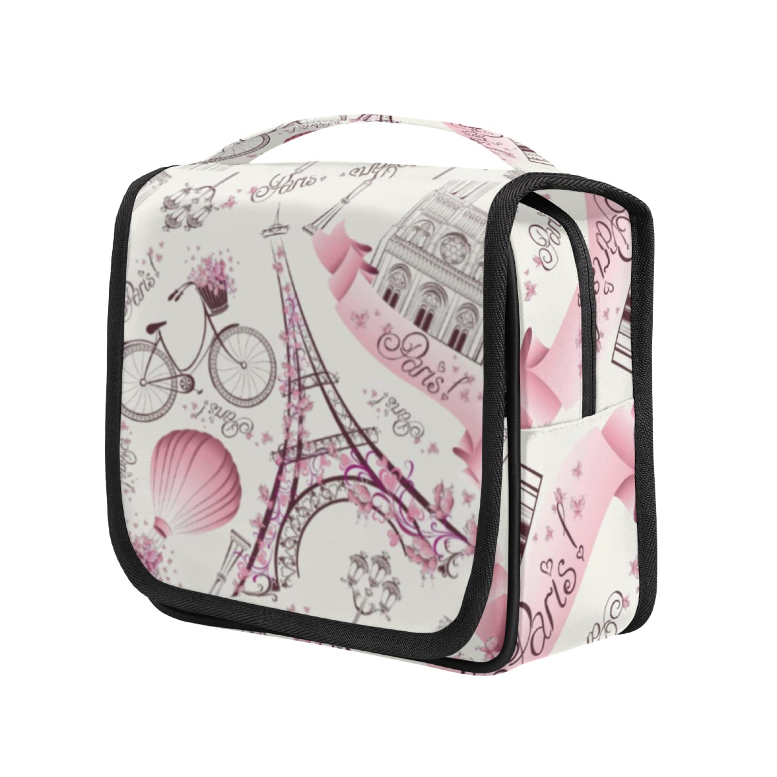 Paris Eiffel Tower Hanging Toiletry Bag for Women & Men - Floral Flower Cosmetic Makeup Organizer - Perfect for Travel, Gym, Camping & Weekend Getaways