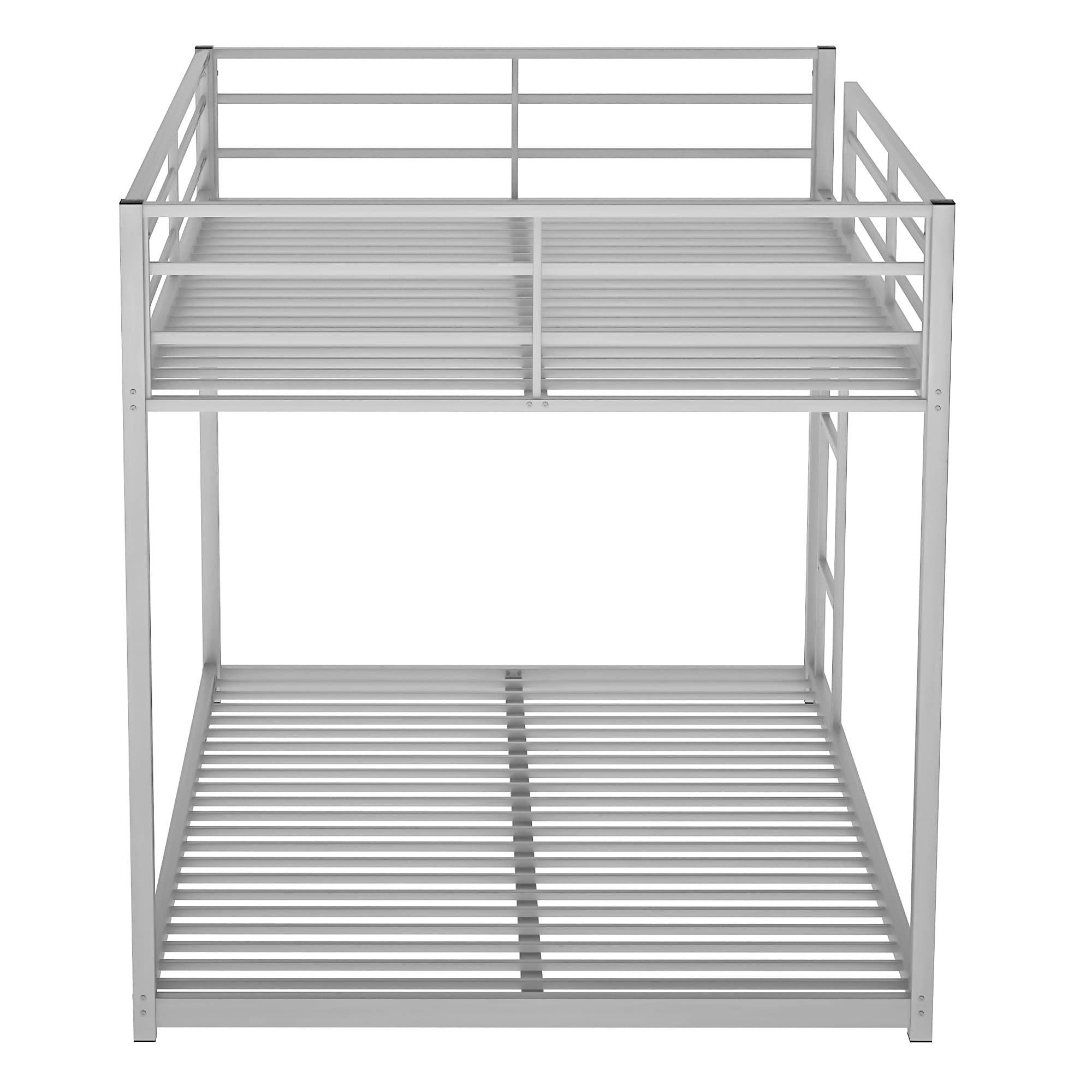 Full Over Full Metal Bunk Bed - Heavy Duty Low Profile Bunk Bed with Safety Guard Rails & Ladder for Kids, Teens & Adults - No Box Spring Needed (Silver) - Perfect for Small Bedrooms, Dorms & Guest Rooms