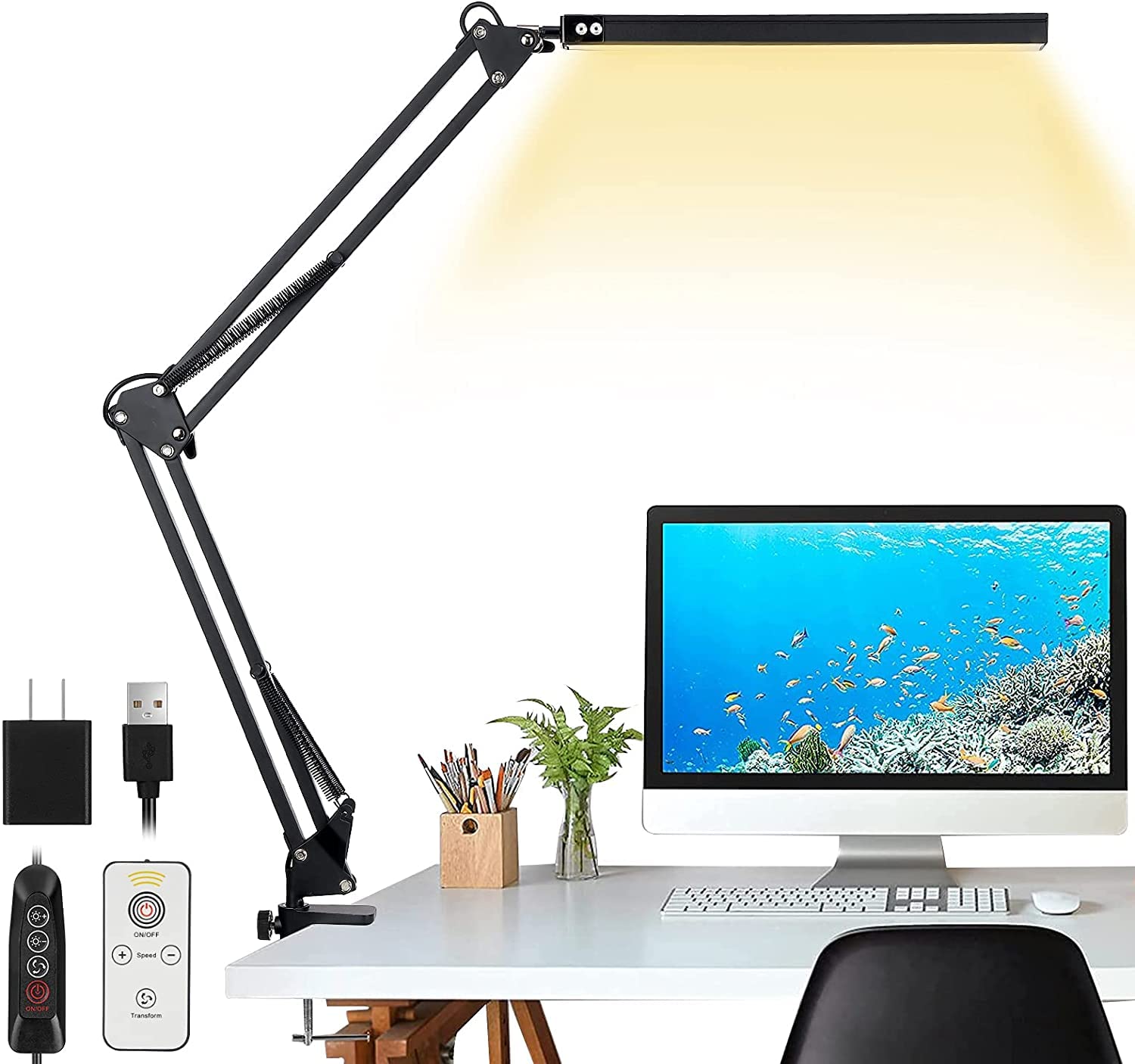 80 LED Swing Arm Desk Lamp with Clamp - 3 Color Modes & 10 Brightness Levels, Dimmable Adjustable Eye-Caring Table Light with Remote & Memory Function - Perfect for Home Office, Study, Reading & Crafting