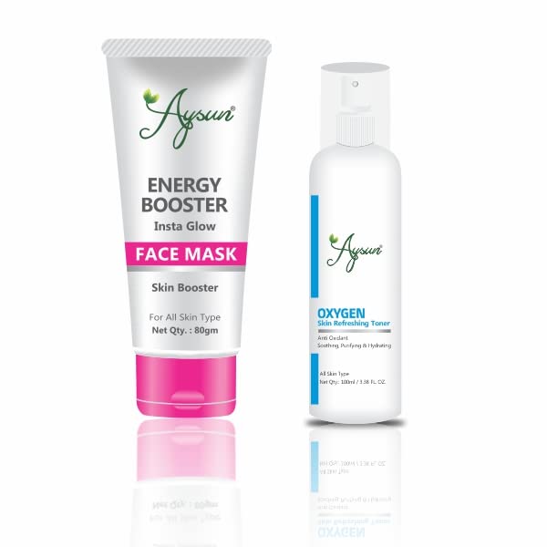 Aysun Energy Booster Face Mask & Oxygen Refreshing Toner Set - Skin Brightening & Hydrating Combo Pack of 2 for Glowing Skin - Perfect for Daily Skincare Routine & Spa Night