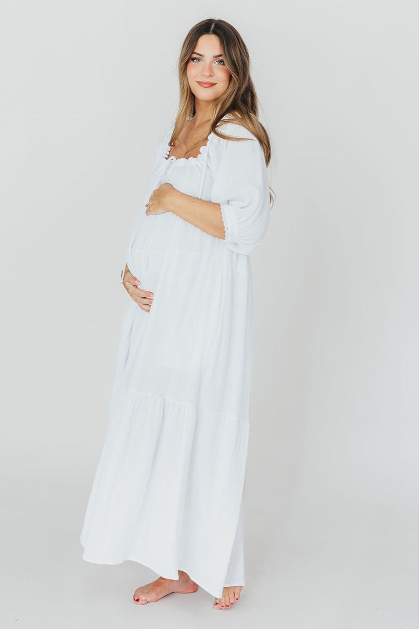 Goddess 100% Cotton Babydoll Maxi Dress - White Maternity Dress for Pregnancy, Bump Friendly, Comfortable & Flowy - Perfect for Maternity Photoshoot, Baby Shower & Summer Vacation