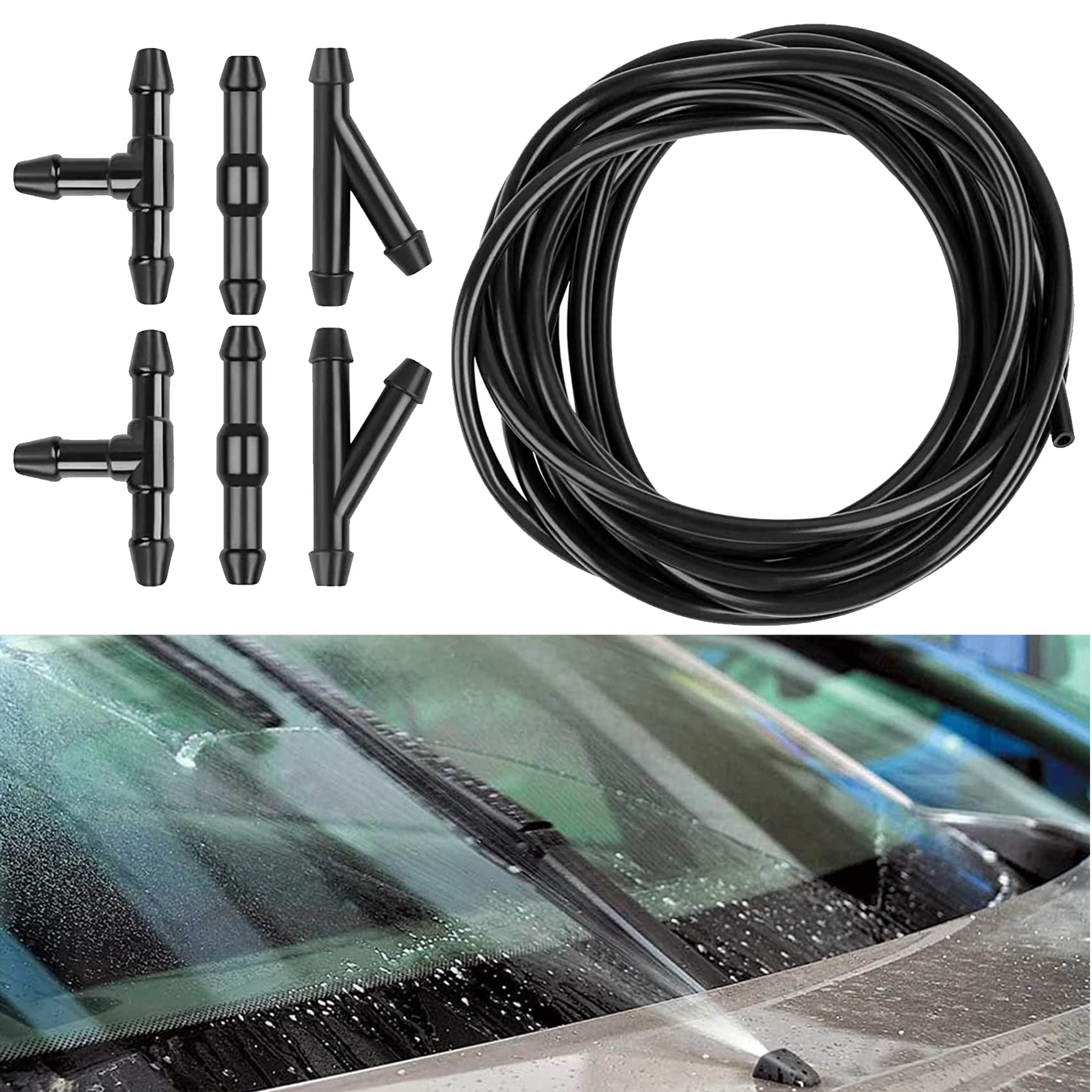 Universal Windshield Washer Hose Kit - 3 Meter/10ft Washer Fluid Tube with 6 Connectors & Nozzles for Most Cars | Easy DIY Installation for Windshield Cleaning & Maintenance