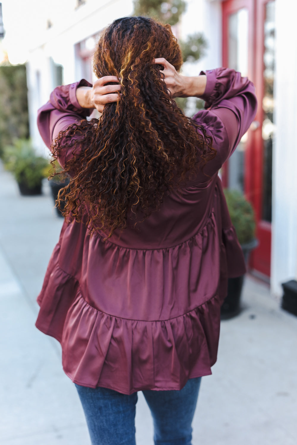 Burgundy Satin Babydoll Top with Button Down & Tiered Design - Perfect for Date Nights, Parties & Casual Outfits