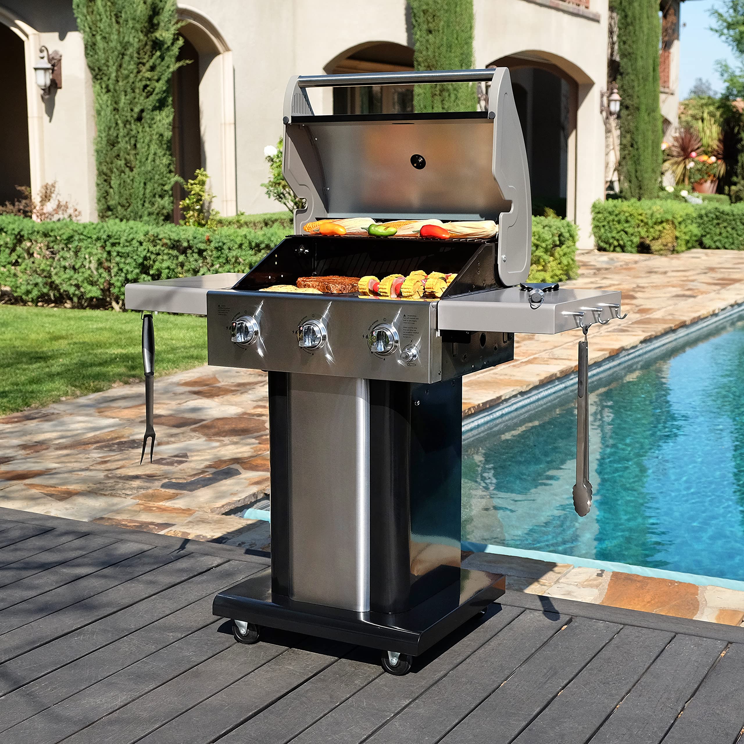 Permasteel 3-Burner Propane Gas Grill - 30,000 BTU Outdoor BBQ Grill with Cast Iron Grates, Foldable Side Shelves & Tool Hooks - Perfect for Backyard, Patio, and Camping Cooking - Black