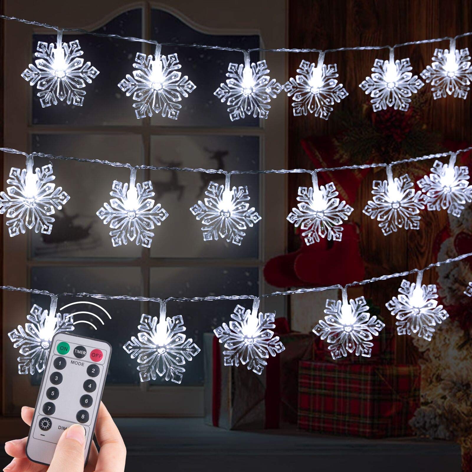 Christmas Snowflake String Lights - 13.8ft 40 LED Battery Operated Waterproof Fairy Lights with 8 Lighting Modes | Perfect for Wedding Decor, Christmas Tree, Party, Garden, Patio, Yard & Indoor Home Decoration (Pure White)