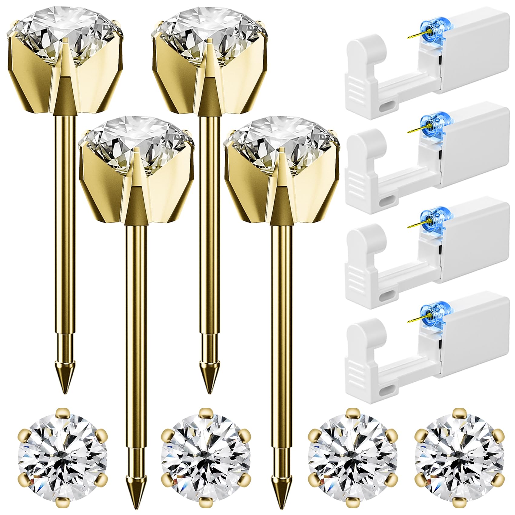 12 Pcs Disposable Ear Piercing Gun Kit with 4 Pcs 6-Prong Cubic Zirconia Earrings - 316L Stainless Steel Self Ear Piercer Tool for Home Use - Safe & Easy DIY Ear Piercing Kit (Gold) | Perfect for First-Time Piercing, Gifts & Professional Salon Results at Home