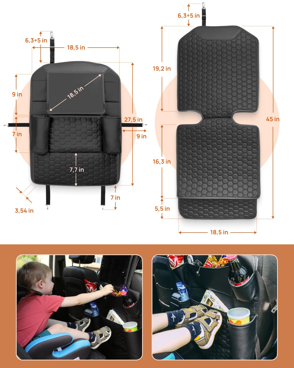 Premium Leather Back Seat Car Organizer with Cat & Child Seat Protector - Multi-Pocket Vehicle Storage Organizer for Toys, Snacks & Essentials - Perfect for Family Road Trips & Pet Travel Accessories