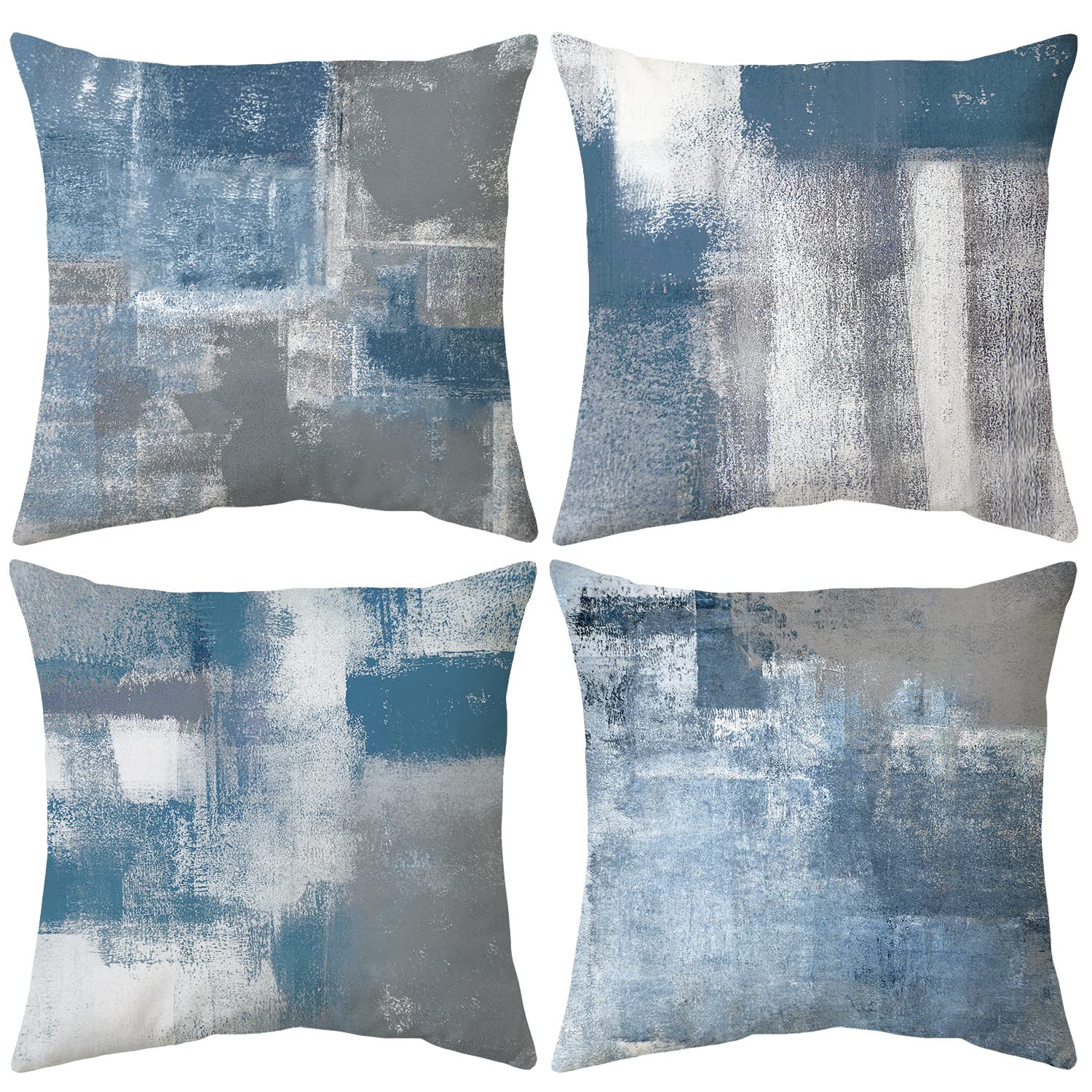 Set of 4 Blue & Grey Abstract Art Pillow Covers 18x18 Inch - Modern Decorative Throw Pillow Cases for Sofa, Bedroom & Living Room - Perfect for Home Decor, Accent Pillows & Contemporary Interior Design