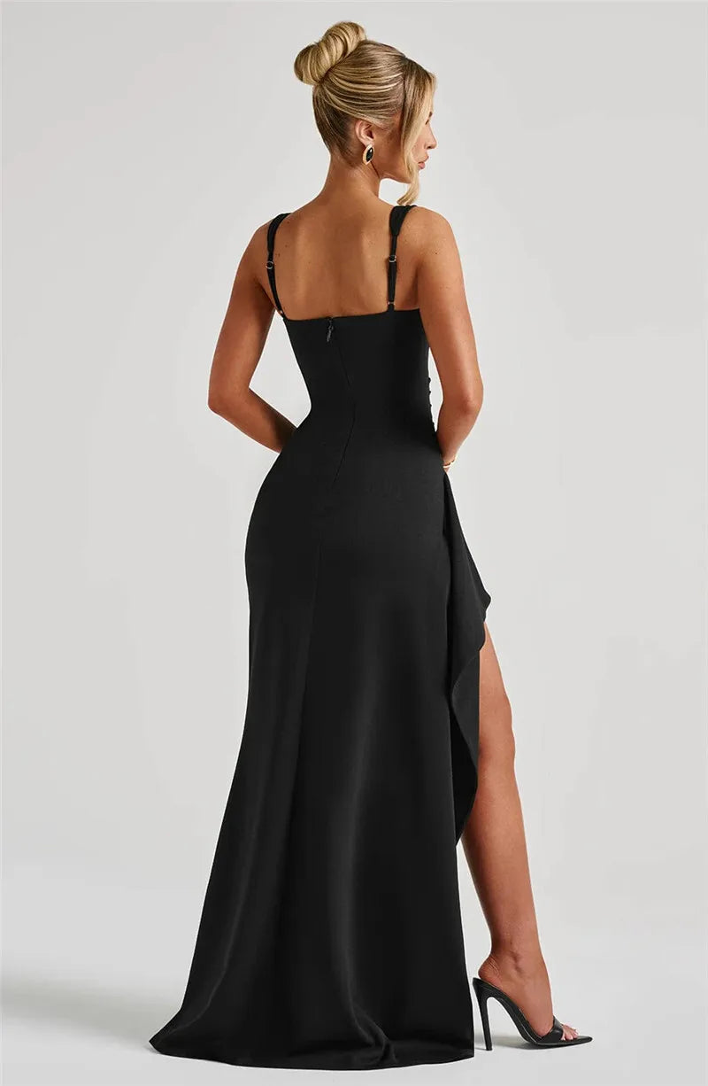 Sexy Black Backless Maxi Dress for Women - Spaghetti Strap Sleeveless Evening Gown with Thigh High Split | Perfect for Club Nights, Parties & Special Occasions