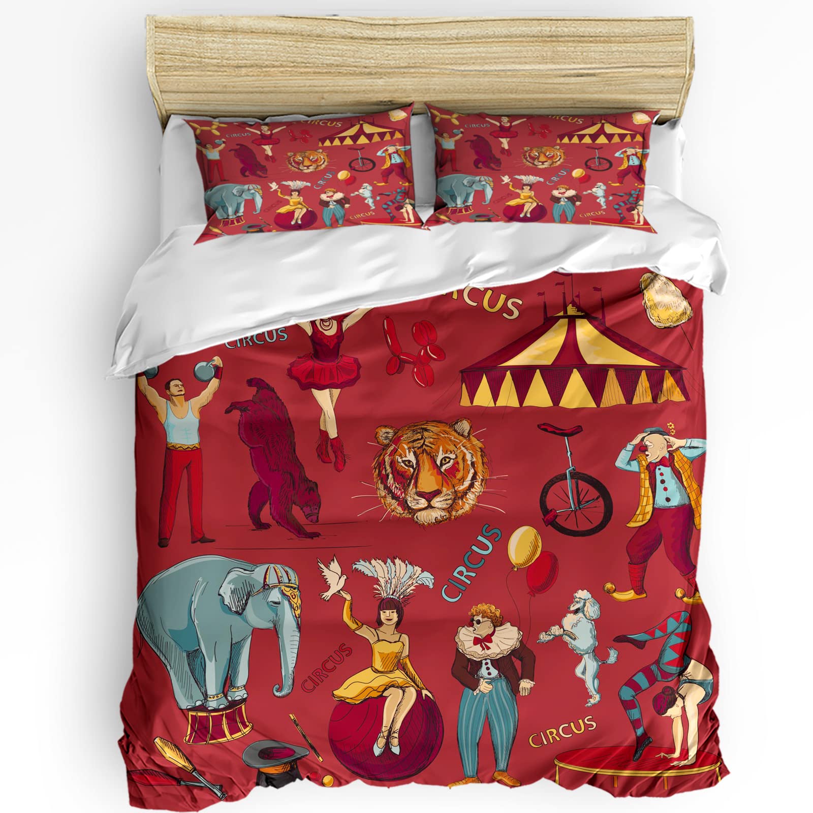 LBDOMOV 3-Piece Full Size Bedding Set with Zipper Closure Pillowcases - Breathable All Season Duvet Cover Set Featuring Circus Acrobats, Clowns & Animals - Perfect for Kids' Bedroom & Nursery Decor