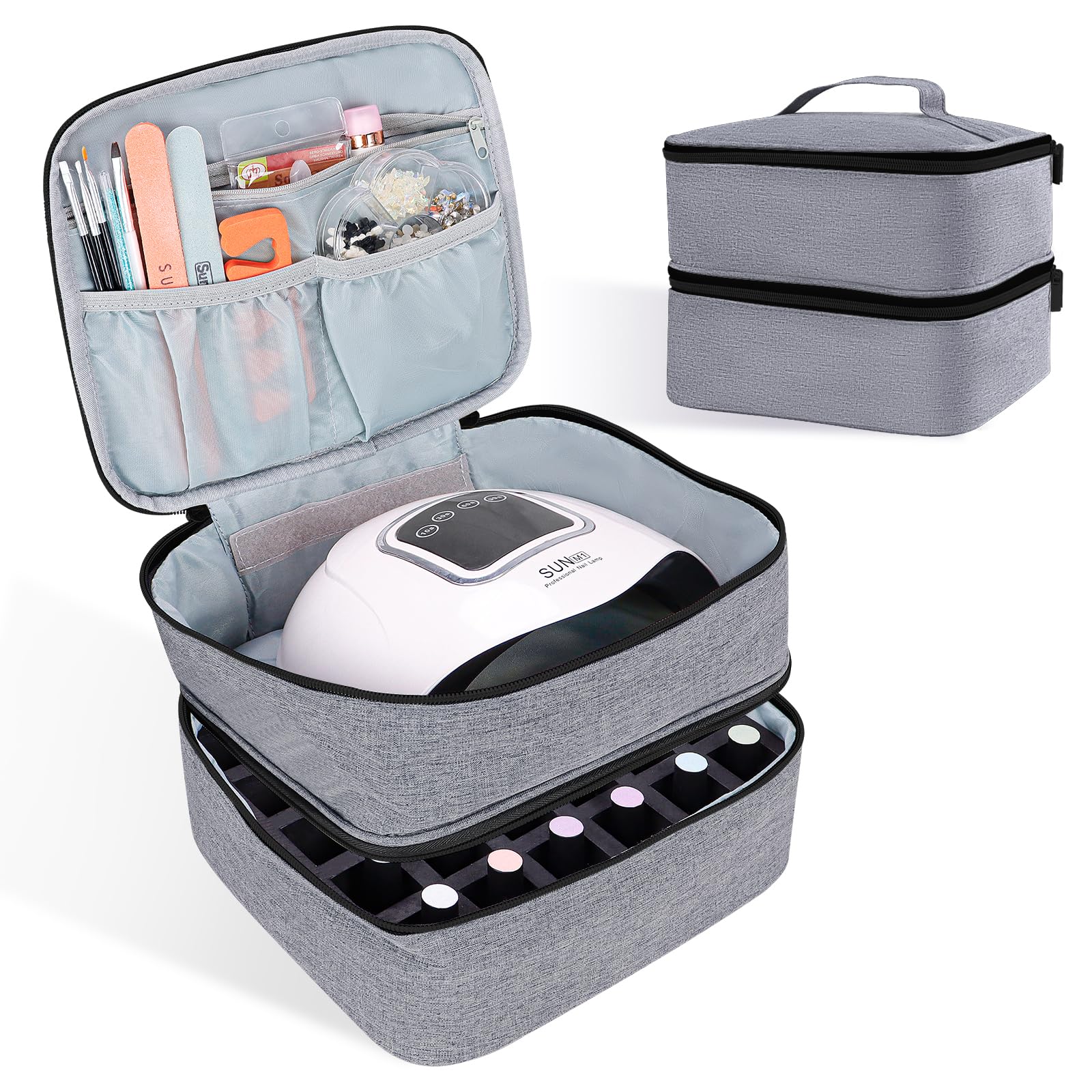 Double Layer Nail Polish Organizer Case - Holds 30 Bottles (15ml/0.5oz) for Nail Dryer Lamp - Portable Nail Storage for Nail Tech & Salon Professionals - Gray - Perfect for Travel, Home & Professional Salon Use