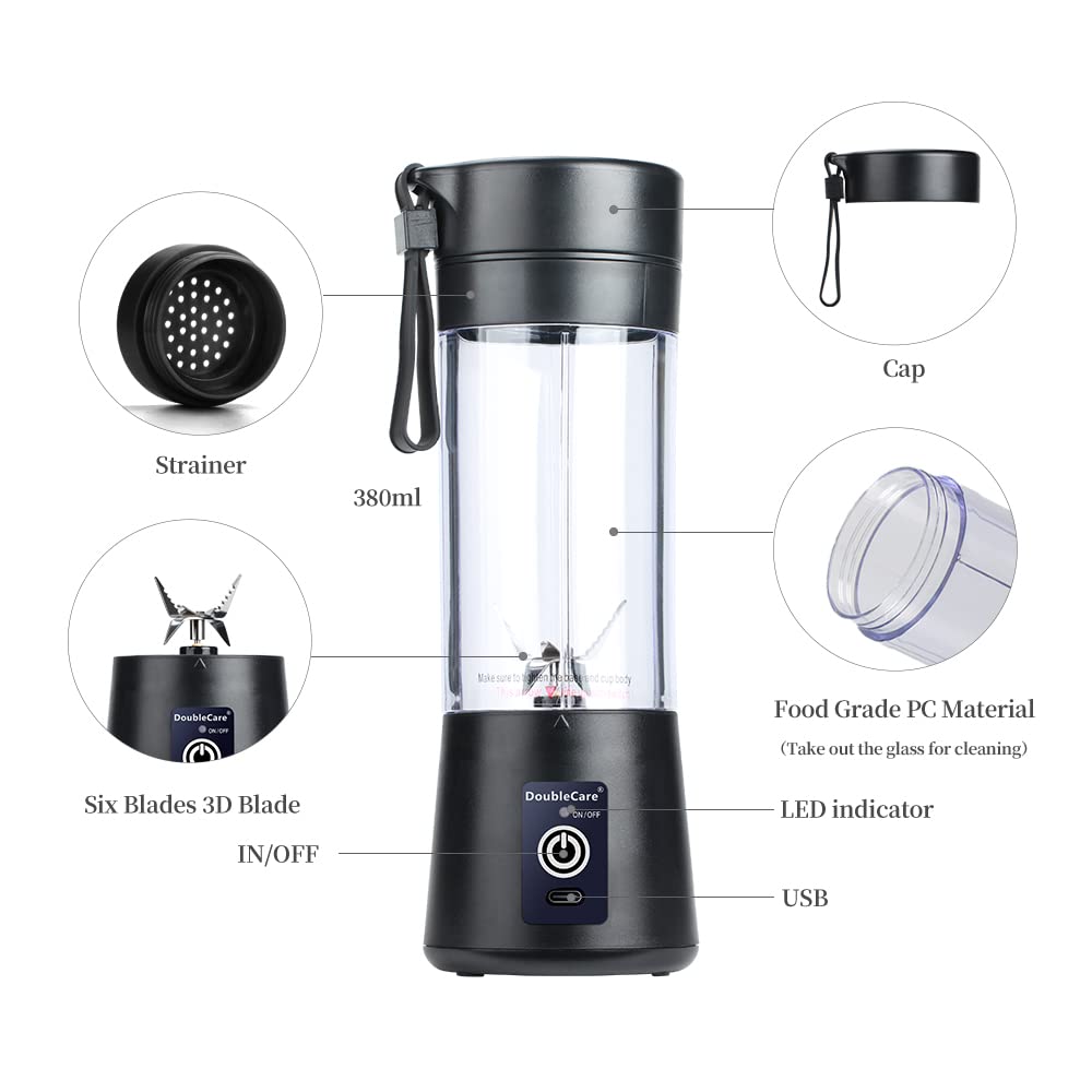 Portable USB Electric Blender Cup - 380ml Mini Juicer for Smoothies, Shakes, Juice with 6 Blades, Black | Perfect for Gym, Travel, Office & Home Use