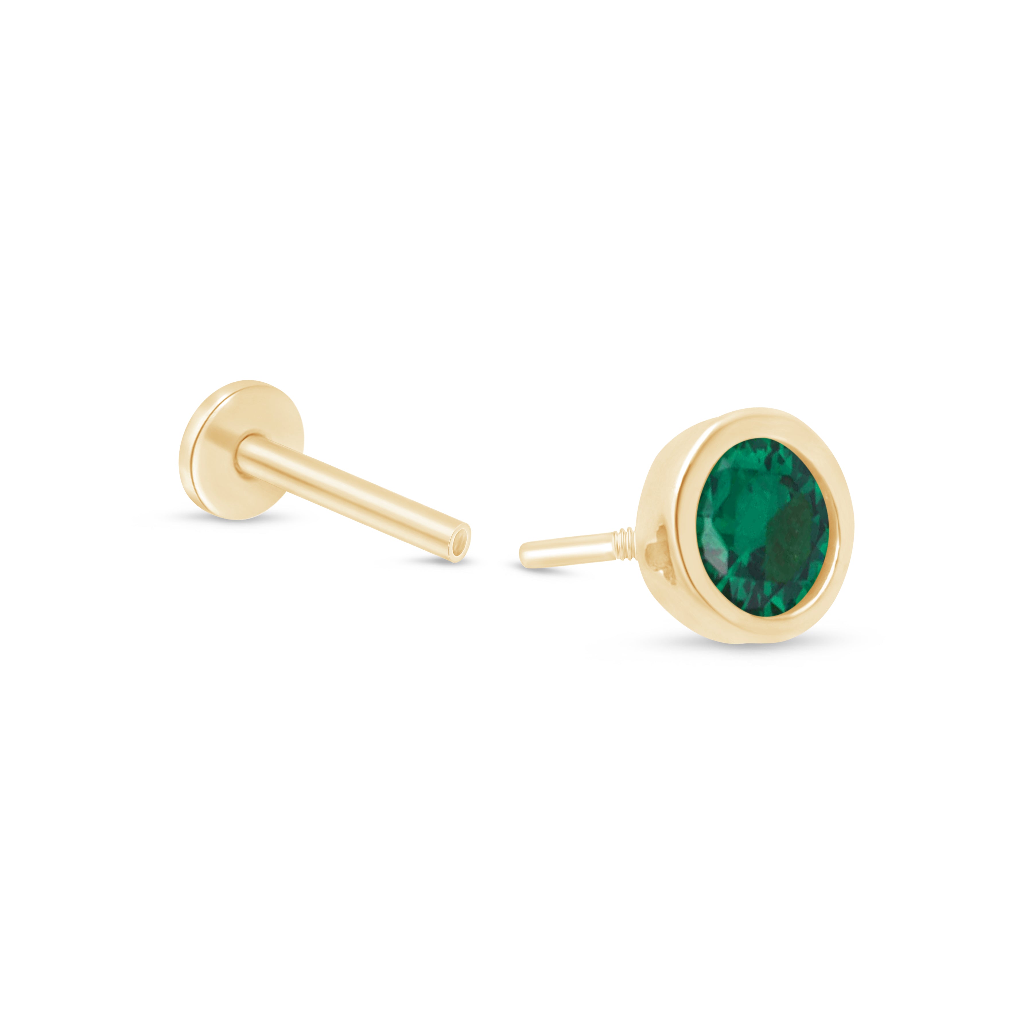 14K Yellow Gold Round Emerald Flat Back Stud Earrings - Bezel Set Gemstone Jewelry for Women, Perfect for Everyday Wear & Special Occasions