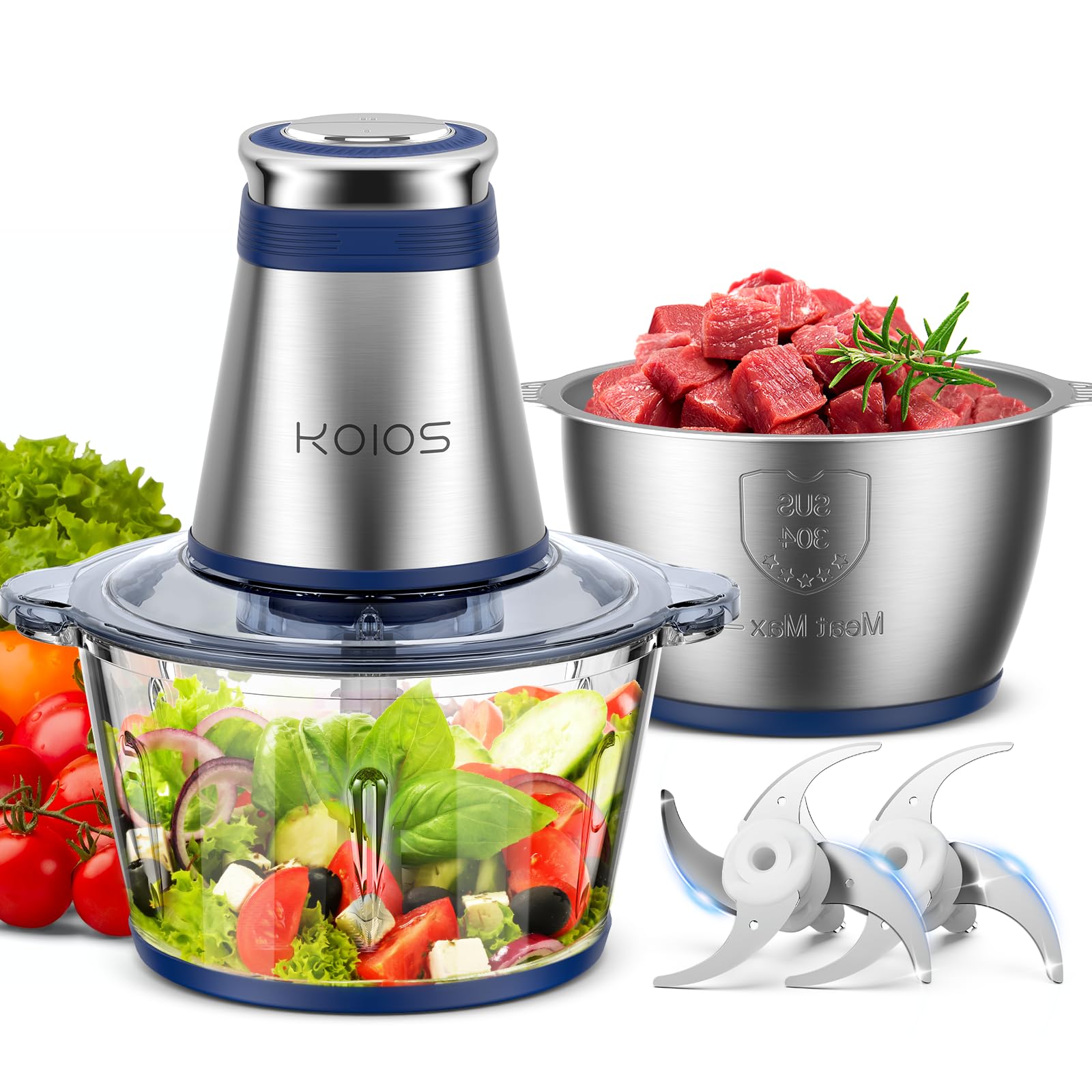 KOIOS 500W Electric Food Processor - 2 Stainless Steel Bowls (8 Cup + 8 Cup) & Dual Blades - Powerful Meat Grinder, Nut Chopper for Garlic, Onion, Baby Food - Perfect for Meal Prep, Cooking & Baking (Blue)