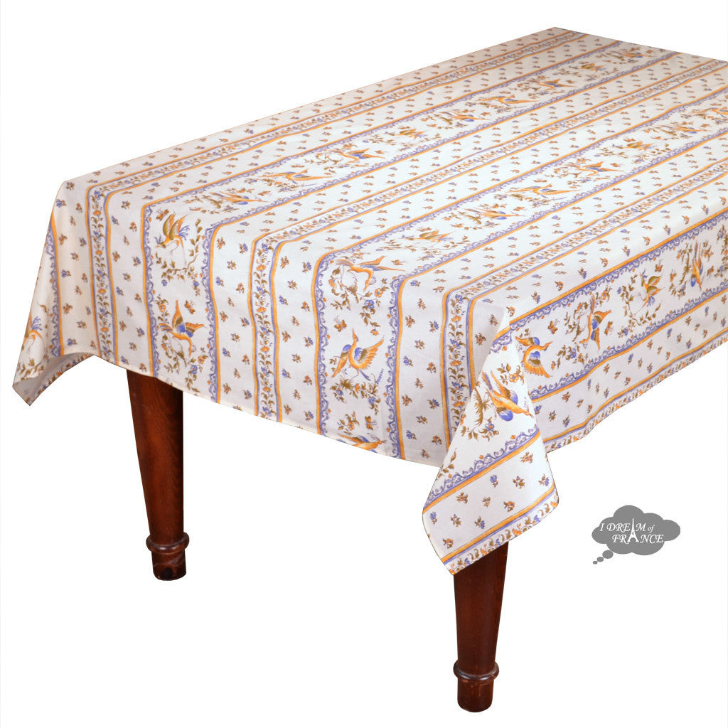 Tissus Toselli 60x78 Inch Blue Moustiers Rectangular Tablecloth - Acrylic Coated Cotton Fabric for Dining Room, Kitchen, and Outdoor Picnics