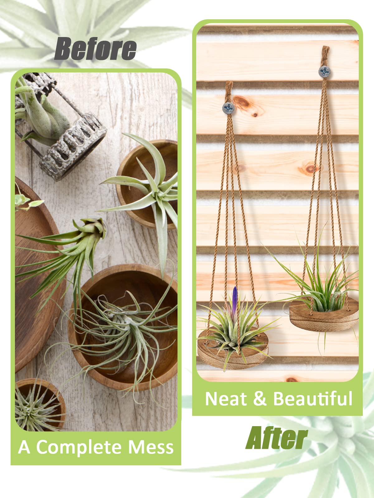 6 Pcs Hanging Wooden Air Plant Holders - 3 Inch Round Wooden Tillandsia Hangers with Jute Ropes, Rustic Air Plant Stand for Succulent Display | Home Office Decor, Wedding Party Favors, Gardening Gifts (Plants Not Included)