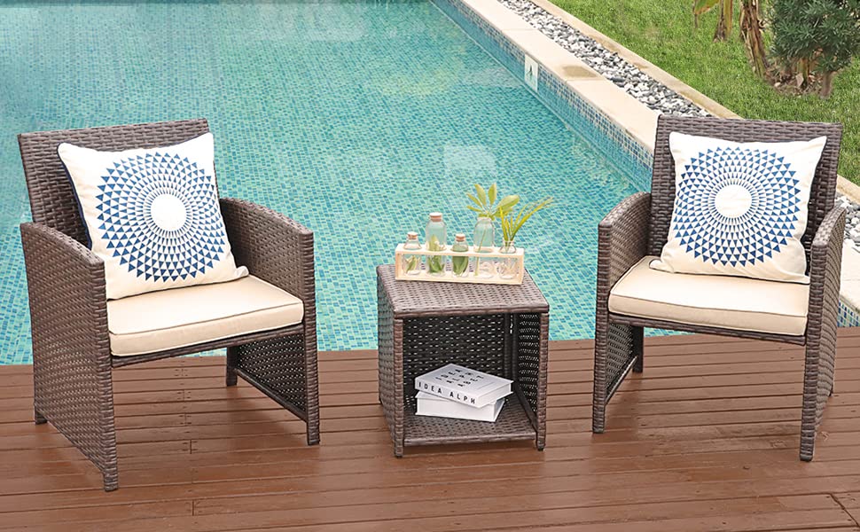 3-Piece Patio Furniture Set with Storage Coffee Table - Wicker Outdoor Bistro Set for Lawn, Porch, Deck, Pool, Balcony & Garden (Brown) | Perfect for Relaxing, Entertaining & Outdoor Dining